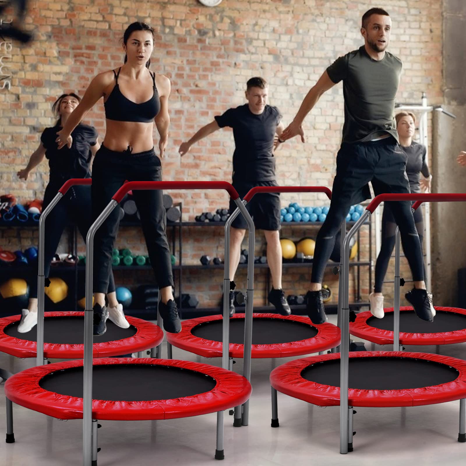 GYMAX Trampoline de Fitness Pliable avec Poignée Réglable à 4 Niveaux, Ressorts en Acier Renforcés, Couverture Rembourrée, Sac de Transport, Trampoline de Loisirs pour Adultes/Enfants (Rouge)