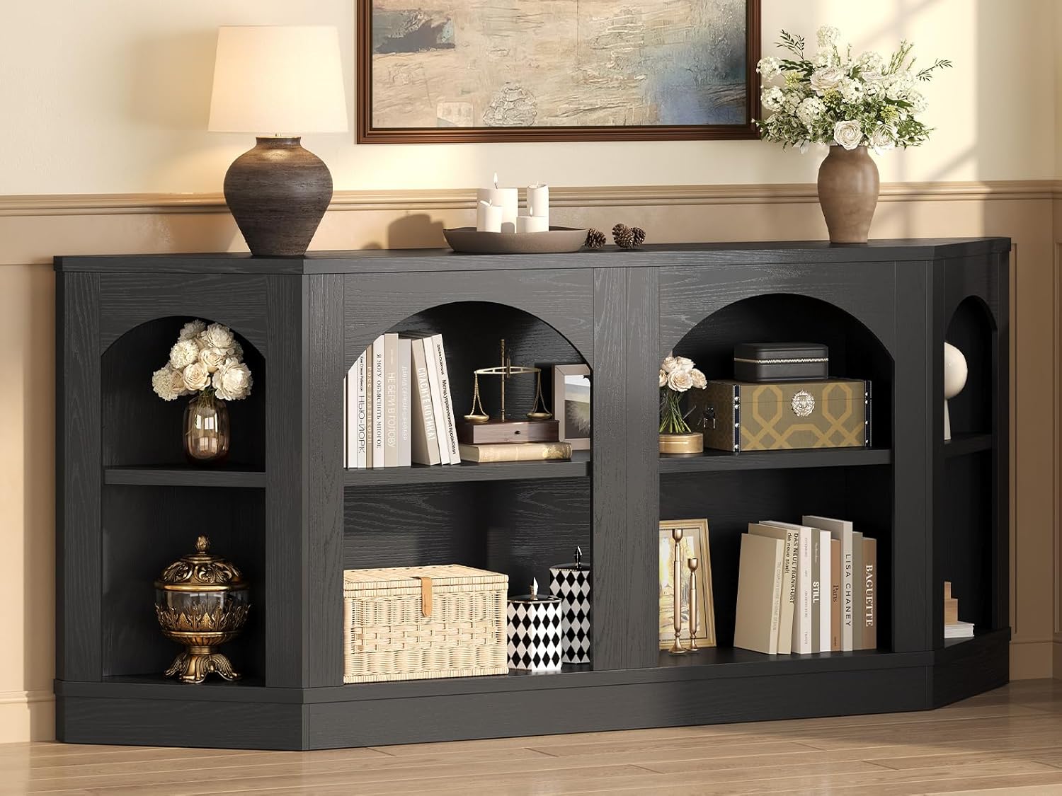 70.9" Extra Long Console Table with Shelves, Black Entryway Table, Farmhouse Arched Console Table, Sofa Table for Living Room, Entryway, Black