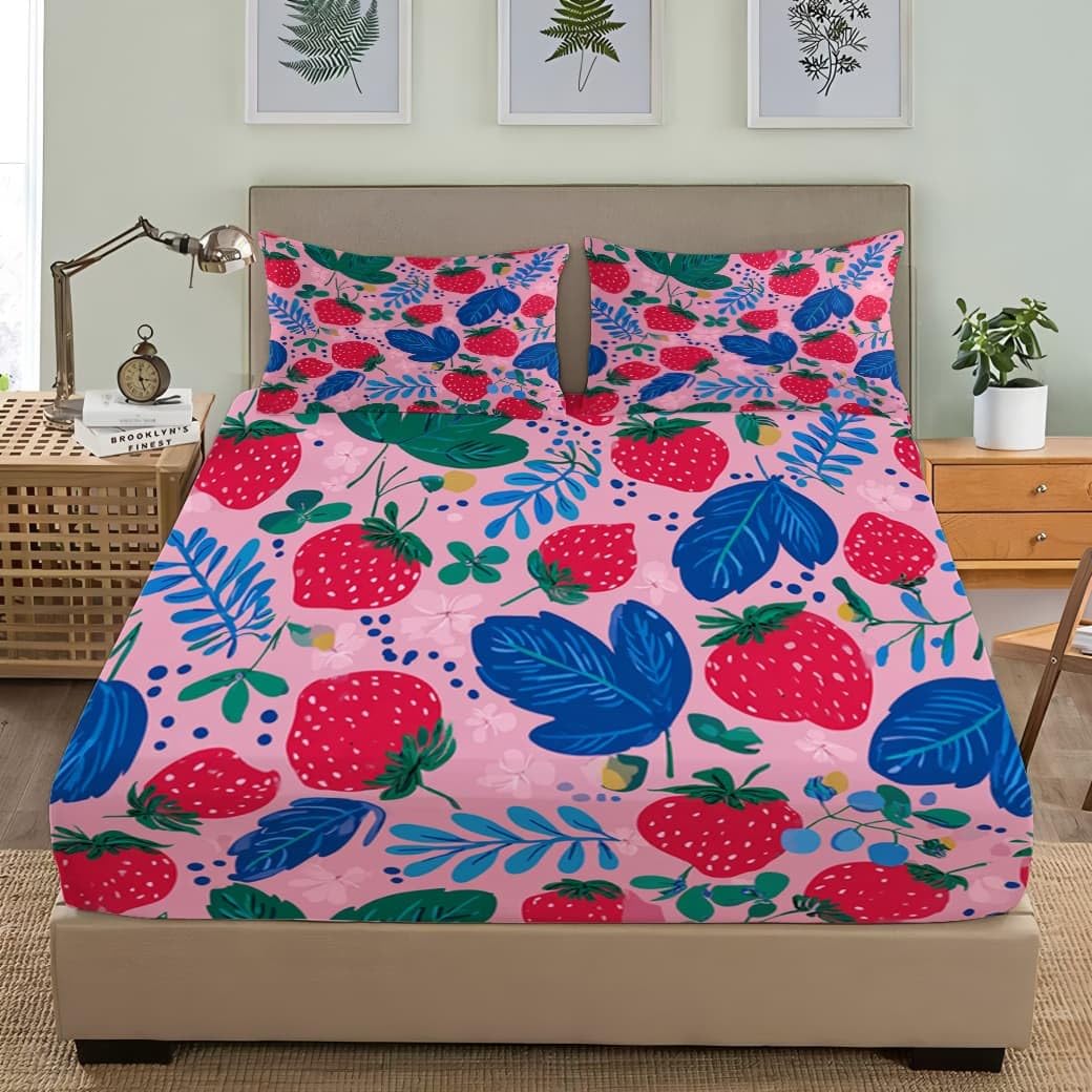 Lot de 3 Draps Housses 160x200 cm Fraise Aux Fruits Enfantins Doux et Respirant Parure de Lit Draps Housses Rose avec 2 Taies d'oreillers, pour Enfant Adolescent et Adulte