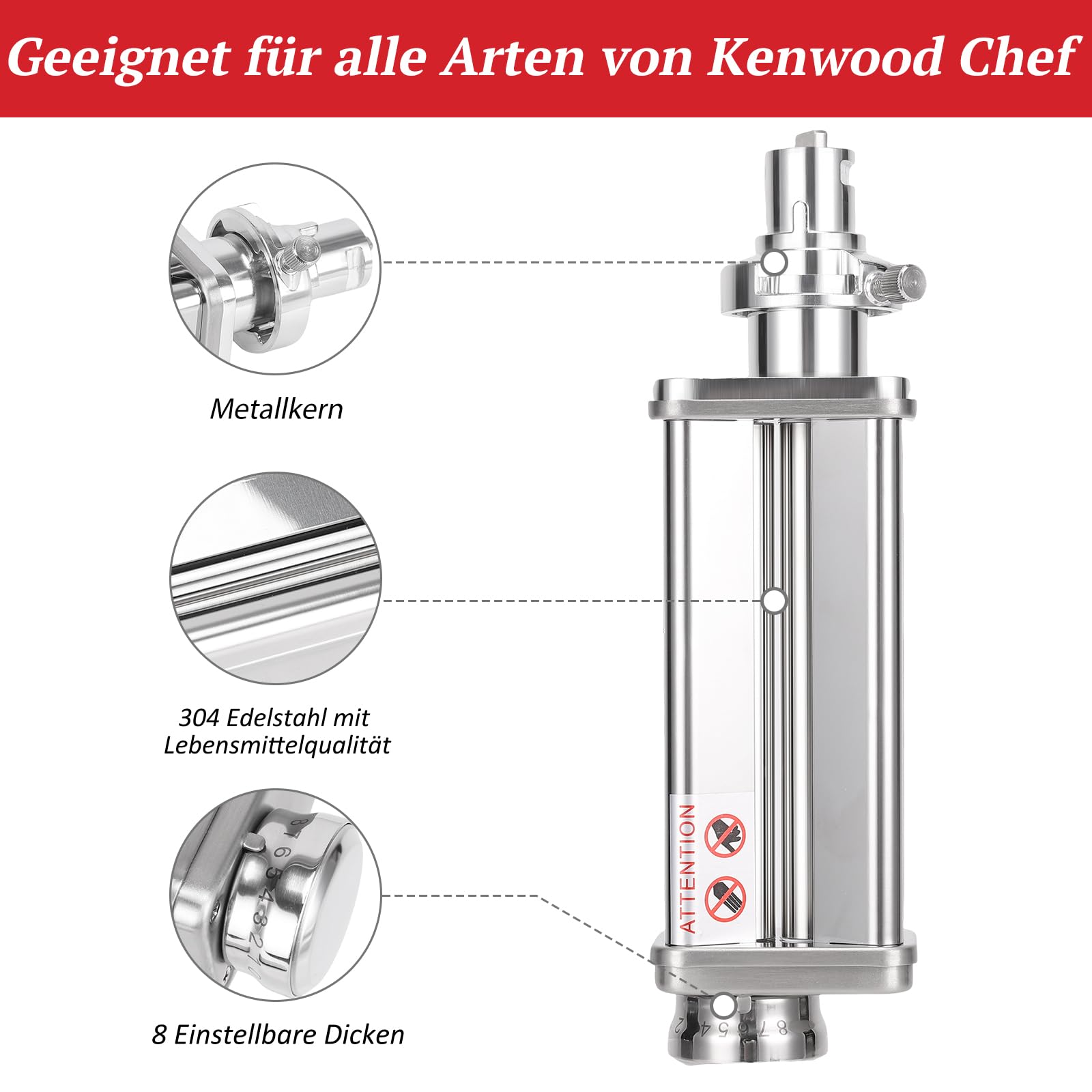 Nudelaufsatz für Kenwood Standmixer, inklusive Nudelblattwalze Spaghettischneider und Fettuccinischneider Nudelmaschine mit 8 Drehknopf zur Einstellung, für Kenwood Pasta Maker Zubehör