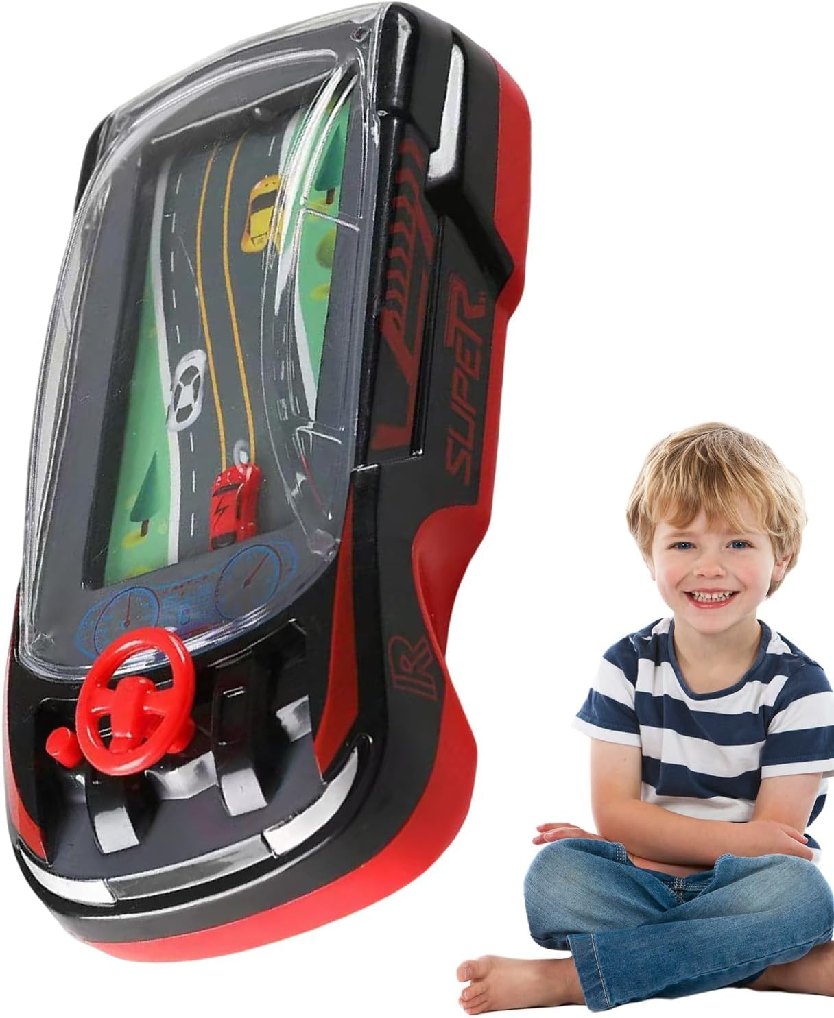 Handy Head Racing Car Game, Game Console with Built-in Steering Wheel, Two Player Play Mode, Interactive Family Toy for Travel and Home Use for Kids and Adults