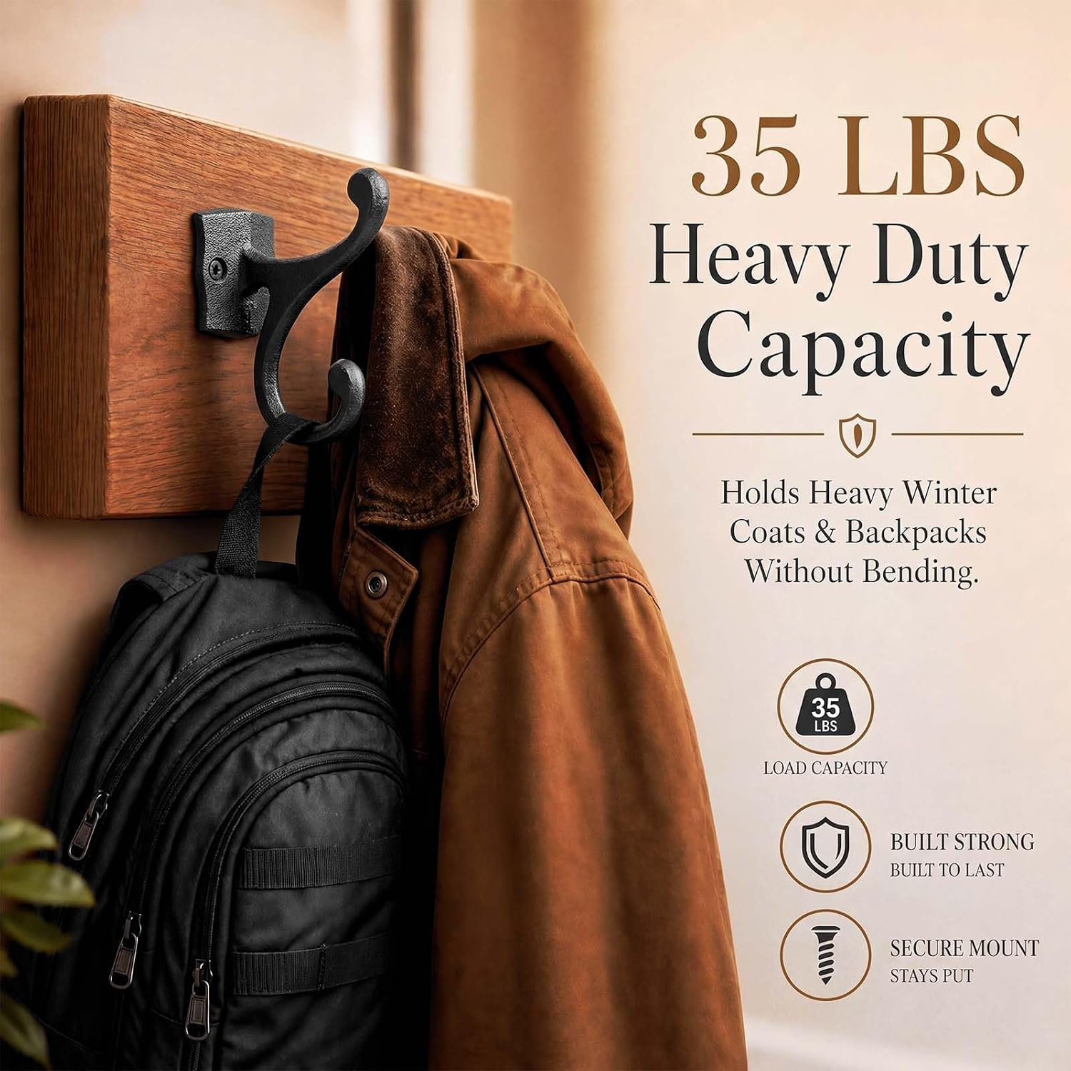 Duraaamo 6 Pack Cast Iron Hooks Rustic Black Double Wall Hooks 35lb Capacity Farmhouse Wall Mounted Hanger for Coats Hats Towels Backpack Purse Bag for Entryway Mudroom Organization