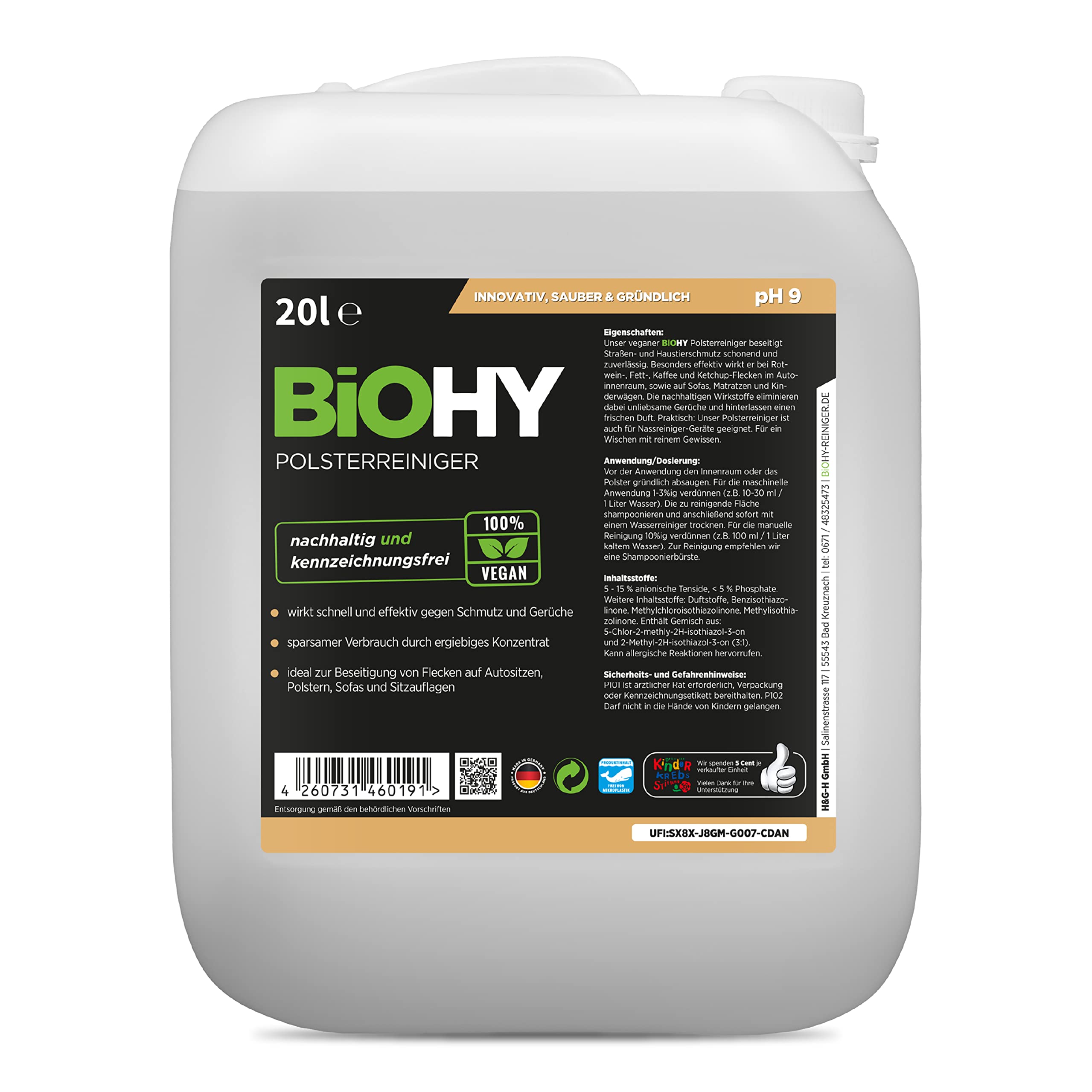 BiOHY Nettoyant spécial pour Meubles rembourrés (Bidon de 10l) | Idéal pour Les sièges d'auto, canapés, Matelas | pour des aspirateurs à eau | détachant (Polsterreiniger)