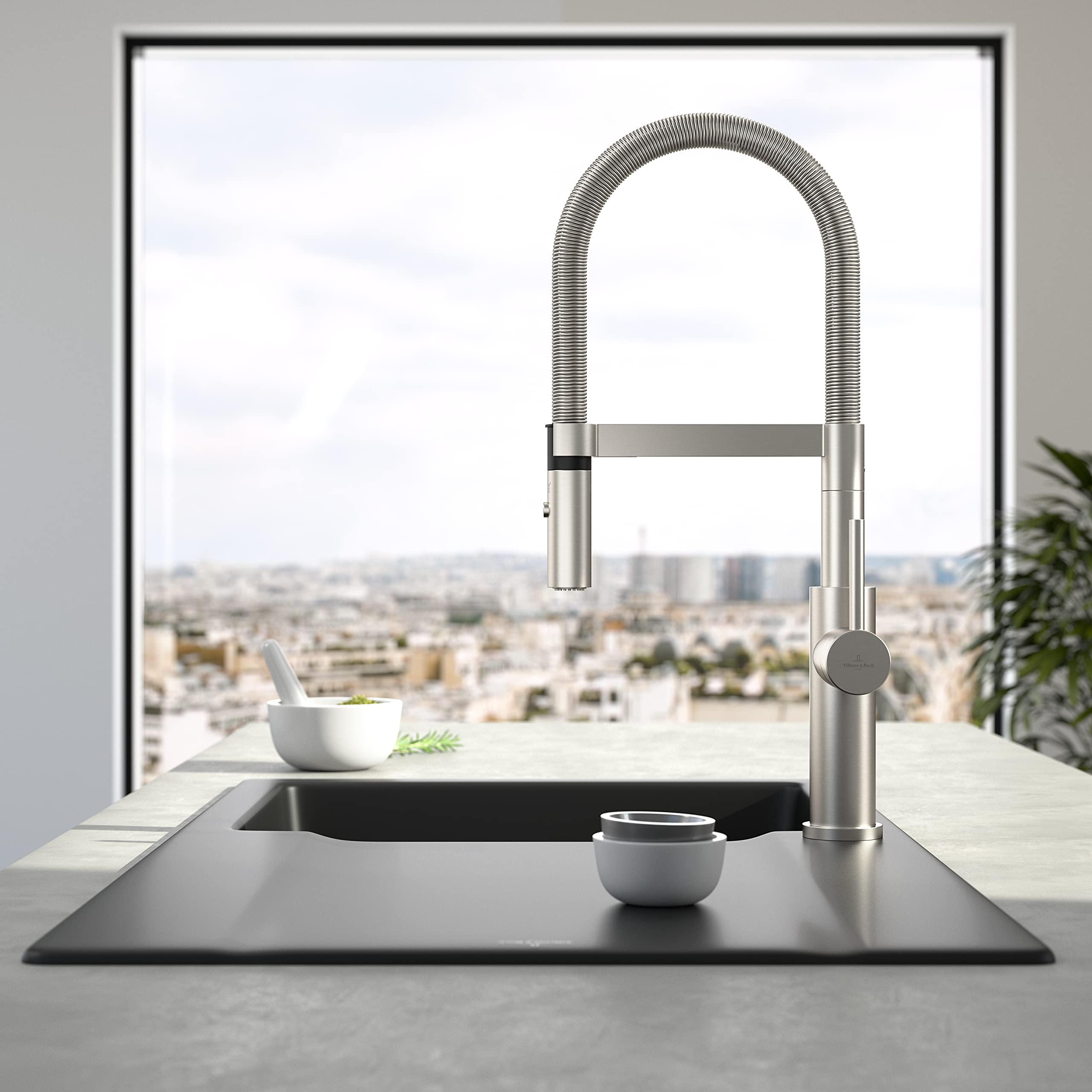 Villeroy & Boch Steel Expert 2.0 grifería de cocina, alta presión, con función de conmutación y desagüe orientable, grifo de fregadero de bajo consumo, altura del caño 170 mm, acero inoxidable