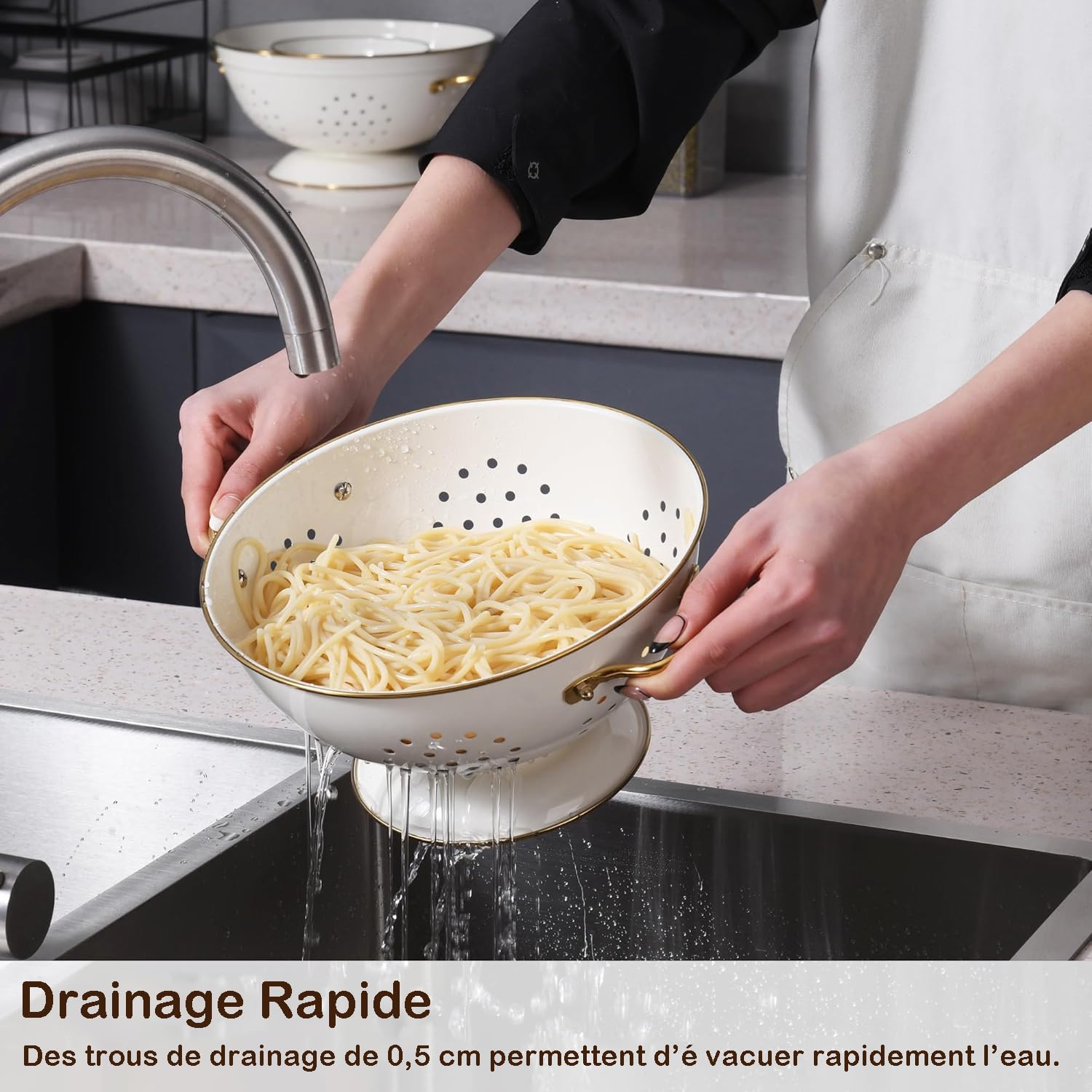 Lot de 3 Passoire Cuisine (16cm & 23cm & 28cm), Or Rose Poignées Ergonomiques, Base Design Anti-bascule, Passoires Métal pour Pâtes, Légumes et Fruits​ (Crème)