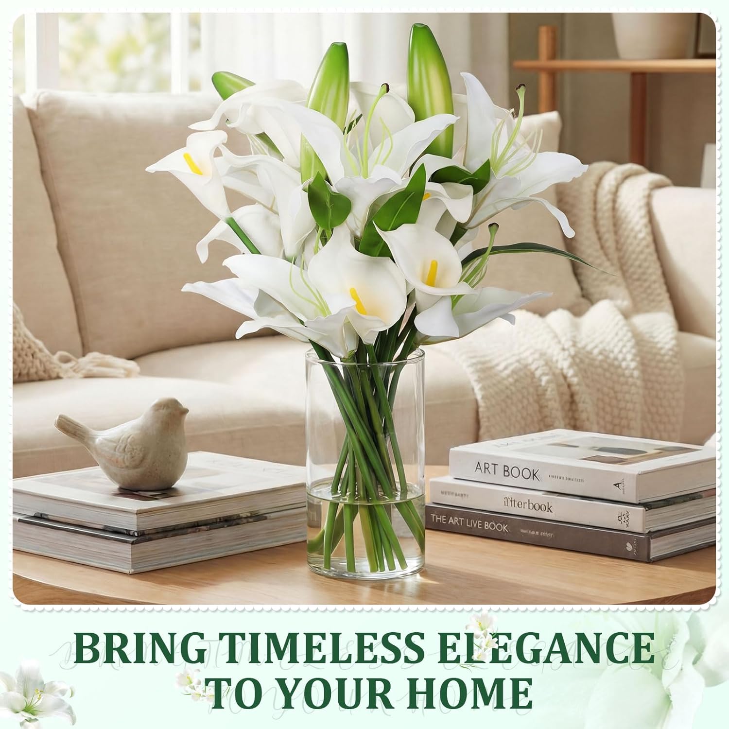 15.74 Inch White Fake Flowers Artificial Calla Lily Lily Flowers Green Bud with Faux Water Realistic Touch for Mother's Day Easter Dining Room Centerpiece Table Wedding Spring Decor