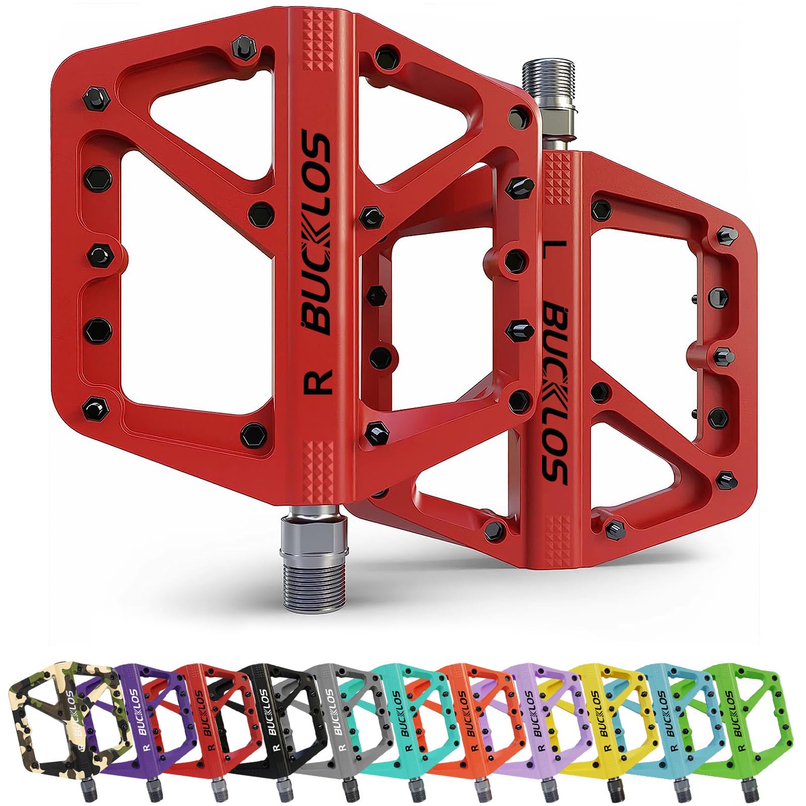 BUCKLOS Mountain Bike Pedals MTB Pedals Flat, Bicycle Road Bike Adult Large Platform Pedal with Non-Slip Grips for Gravel/Ebike/Hybrid Bikes/Beach Cruiser(9/16 Nylon Red)