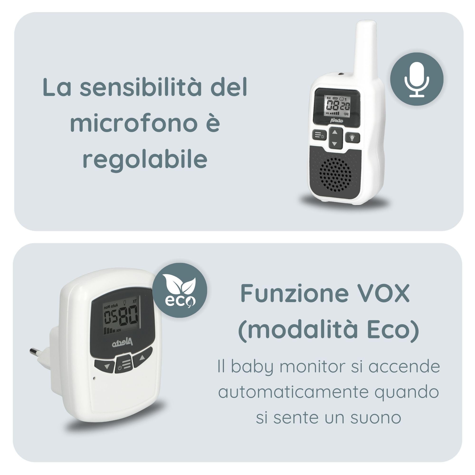 Alecto DBX80 monitor a lungo raggio 3000 metri standby 9 ore VOX bianco