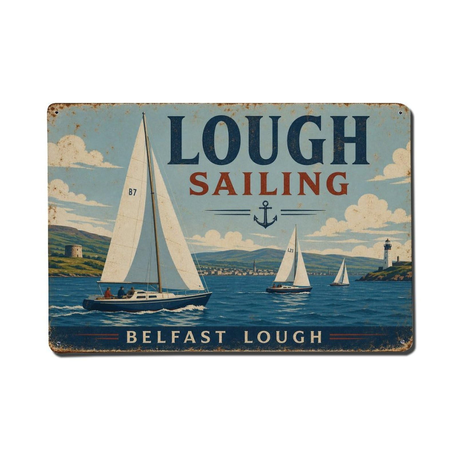 Fyrn Style Metal Tin Sign Vintage Travel Belfast Lough Sailing Ireland Coastal Boats