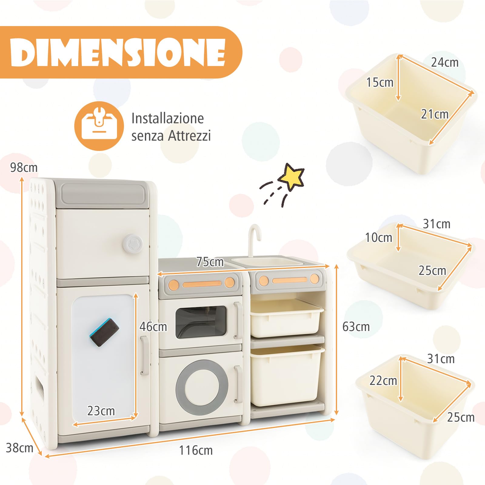 RELAX4LIFE Scaffale per Giocattoli per Bambini, Libreria per Bambini con Lavagna Magnetica, Pennarelli e Cancellino, Mobile Porta Giochi a Forma di Cucina per Asilo Nido e Cameratta