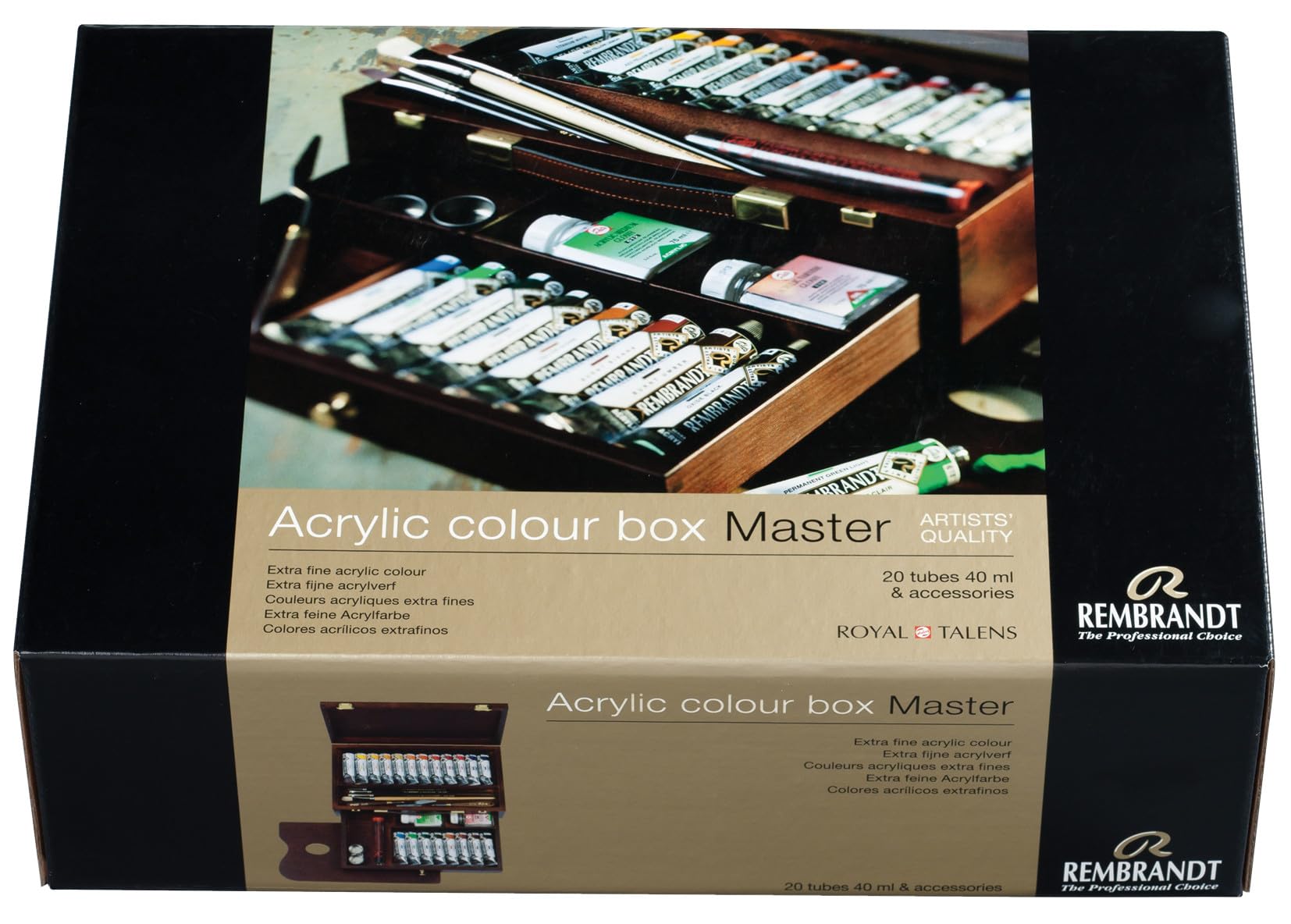 Rembrandt Professional Acrylic Paint Set in Luxury Wooden Box Master | 20 Tubes (40 ml) + Brushes & Accessories