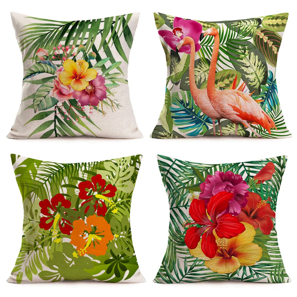 Juego de 4 fundas de almohada de verano con diseño de flamenco tropical, diseño de hojas de palmera, funda de cojín cuadrada de 18 x 18 pulgadas, para sofá, cama (TF)