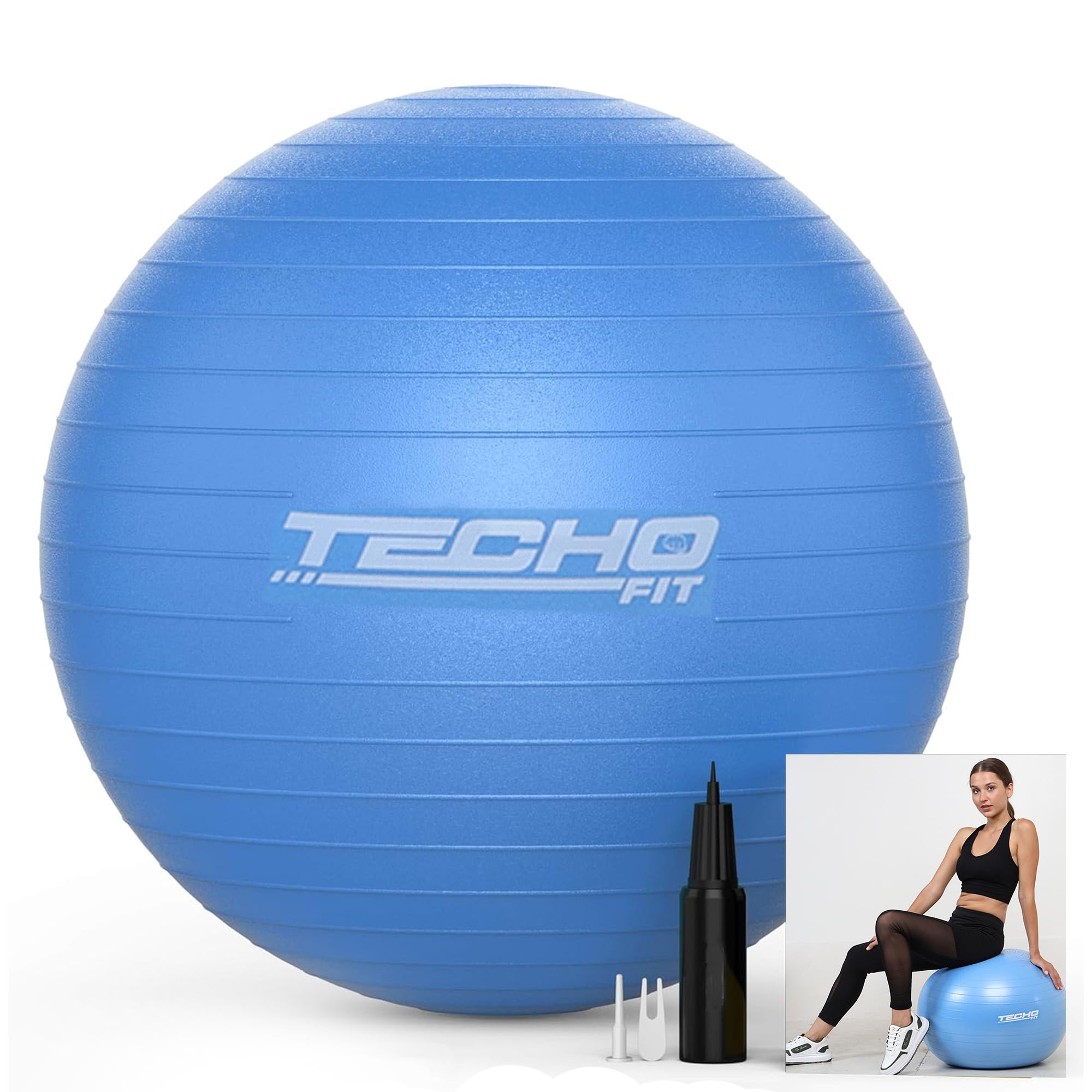 TechoFit 65cm Sitting Yoga Ball Chair for Office, Yoga, Workout, Pregnancy, Maternity Labour, Anti-Burst Swiss Balance Ball (Blue, 65 CM)