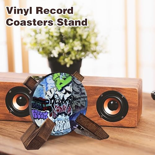 Miniatura 4 de Boao 6 posavasos retro divertidos para discos de vinilo para bebidas, 4 pulgadas, posavasos geniales con soporte de madera retro, posavasos para