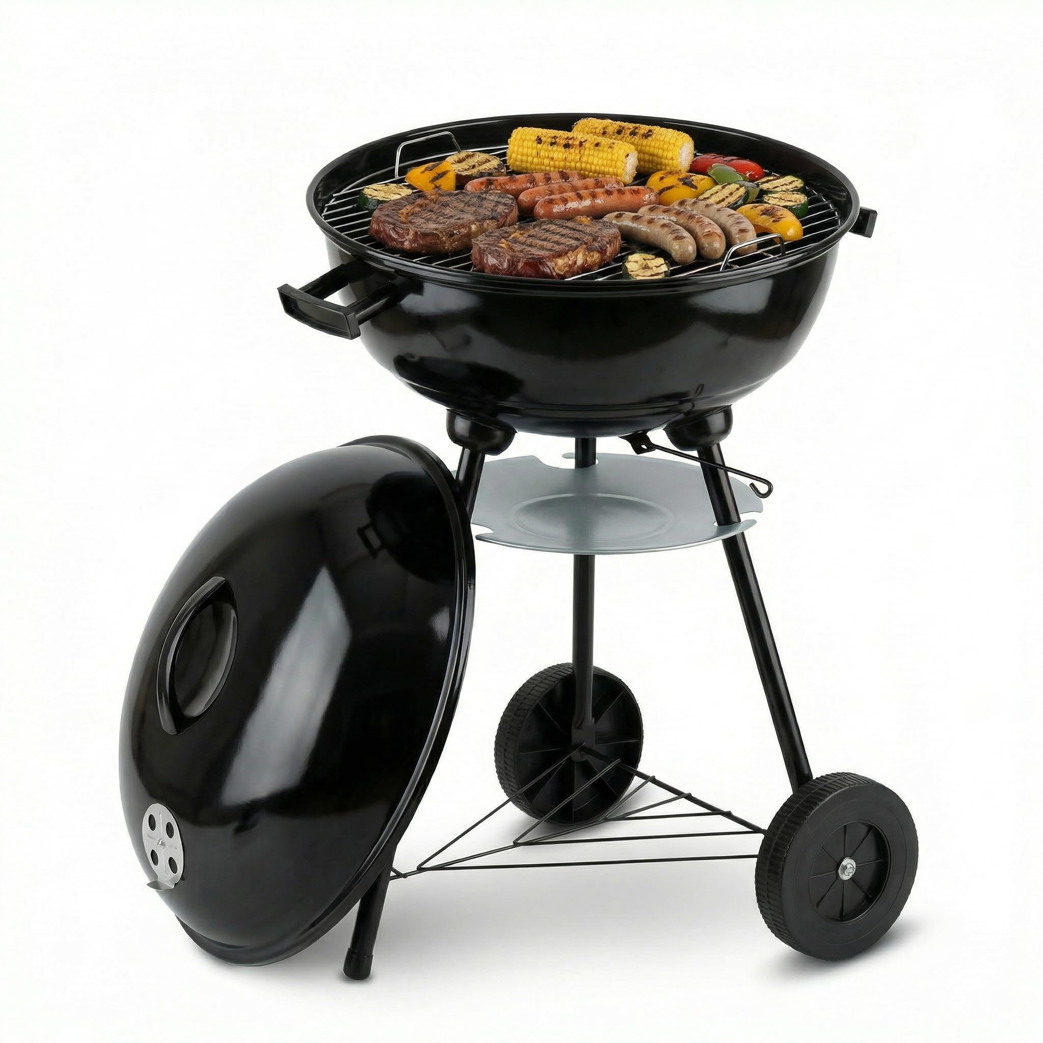 Barbecue a Sfera con Coperchio e Raccoglicenere, Grill a Carbonella da Esterno, Ø 44 cm, 70 cm Altezza, 2 Ruote, Ripiano Inferiore, Ventilazione Regolabile, Nero