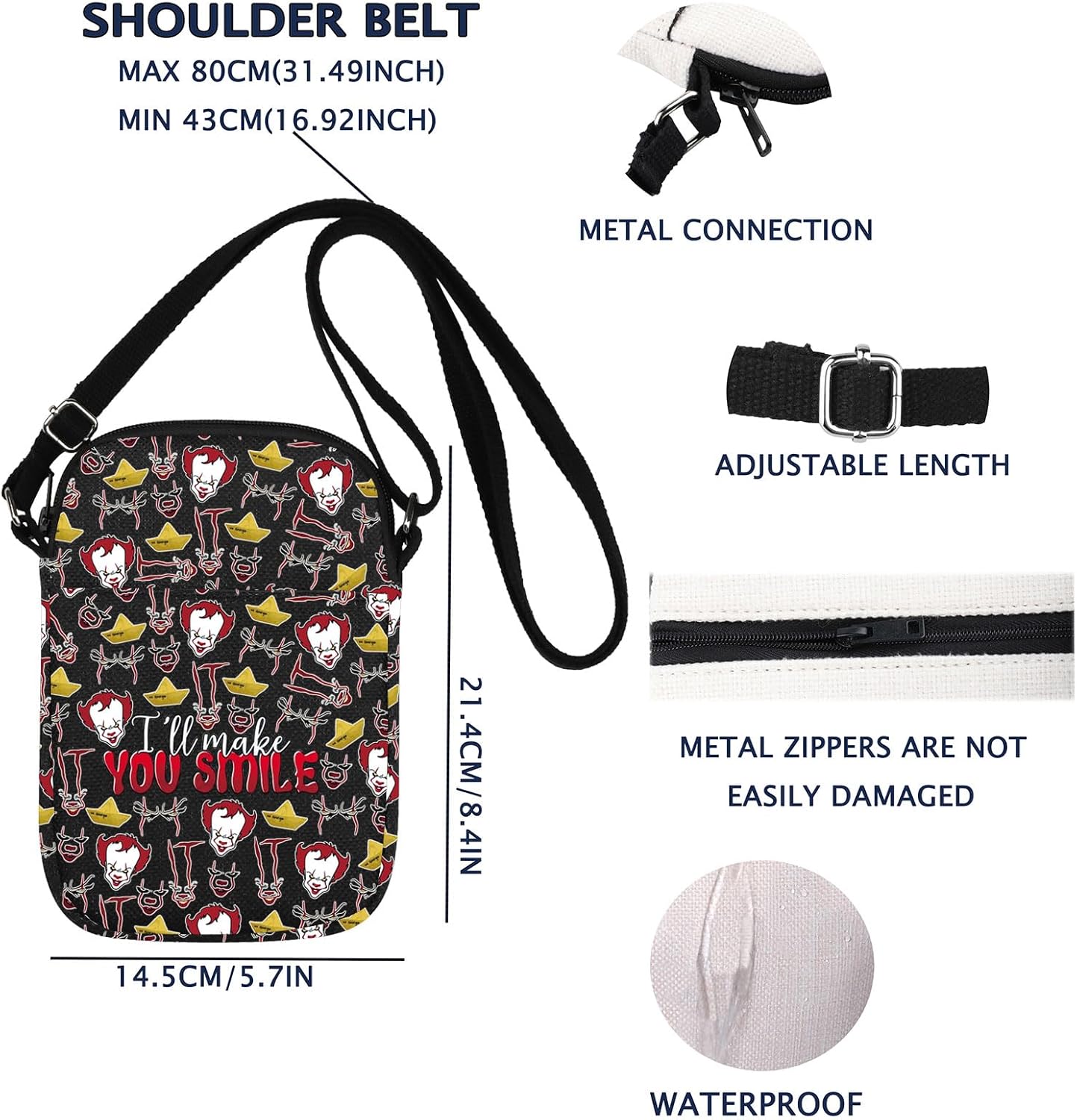 VAMSII I'll Make You Smile Horror Clown Crossbody Bag Clown Merch Horror Movie Gift - Image 2