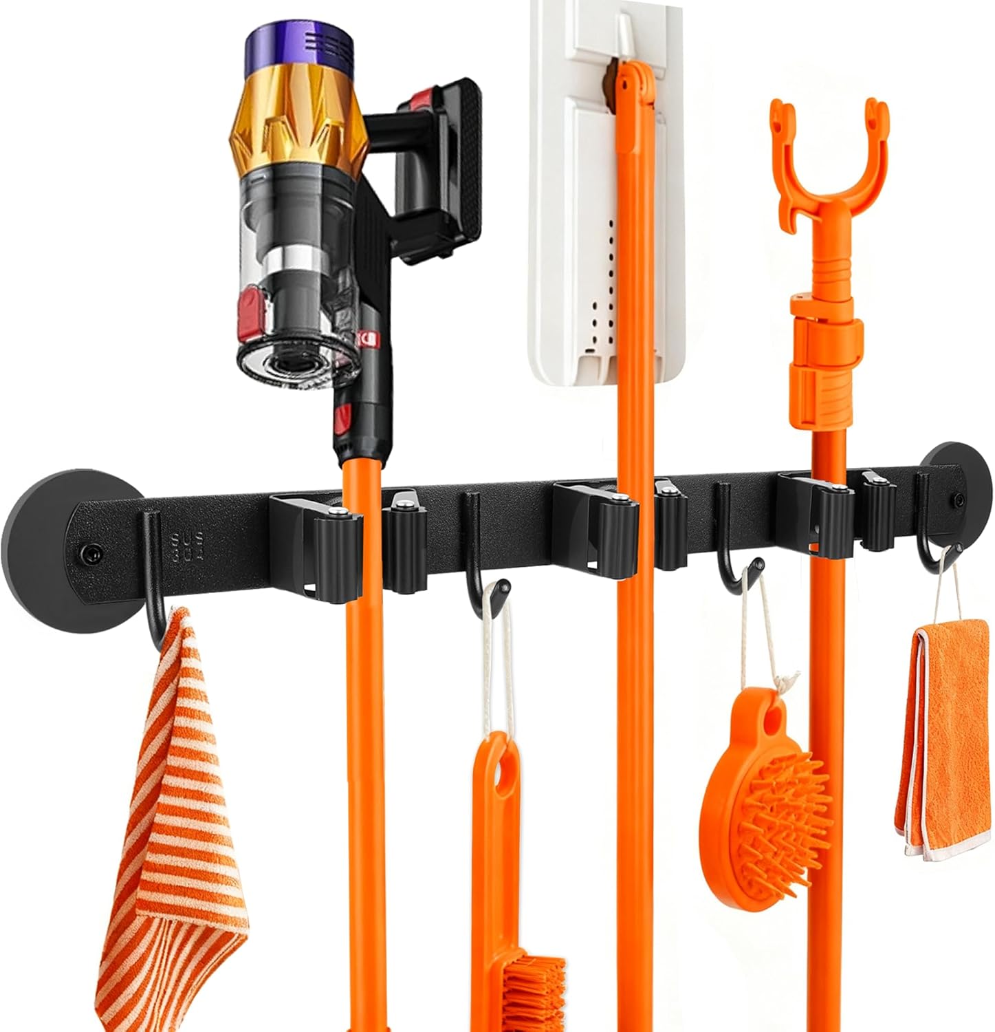 Magnetic Broom Holder Wall Mount with 4 Hooks and 3 Rack- Heavy Duty Non-Slip Mop Hanger for Wet Mops &Cleaning Tools on Refrigerator,Metal Door,Garage,Kitchen (3Racks 4Hooks)