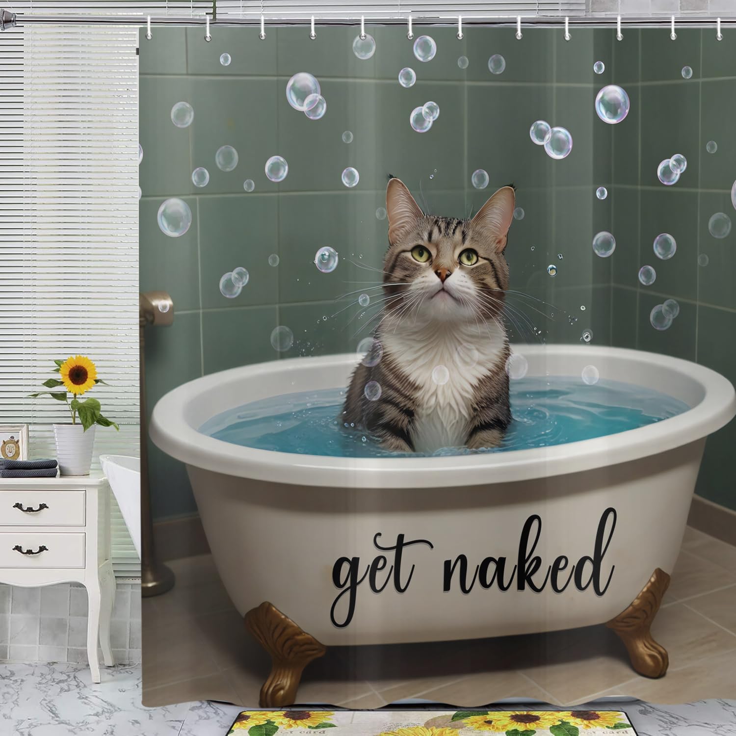 ASDCXZ Cat Shower Curtain 240x180 cm, Funny Cat Bathtub Shower Bubble Get Naked Waterproof Shower Curtains Polyester Washable Textile Bathroom Curtain for Bathtub with 16 Hooks