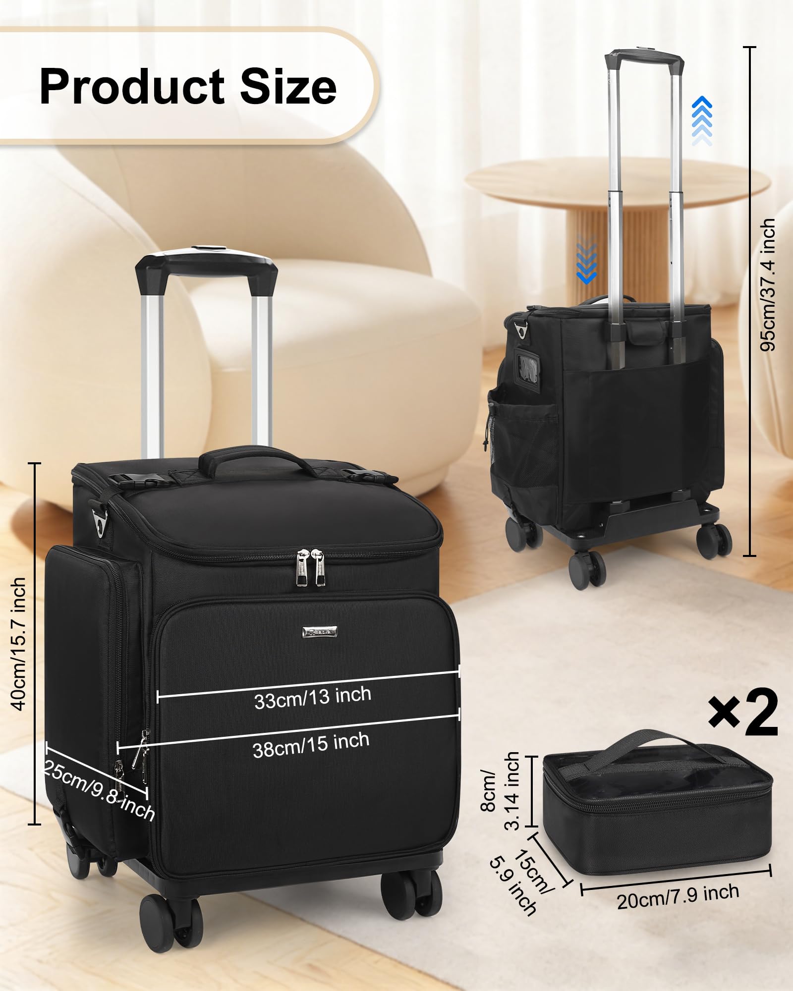Relavel Maletín de maquillaje con ruedas para el pelo, bolsa de viaje con 2 compartimentos transparentes, bolsa de peluquería profesional para artista de maquillaje, organizador de peluquería con