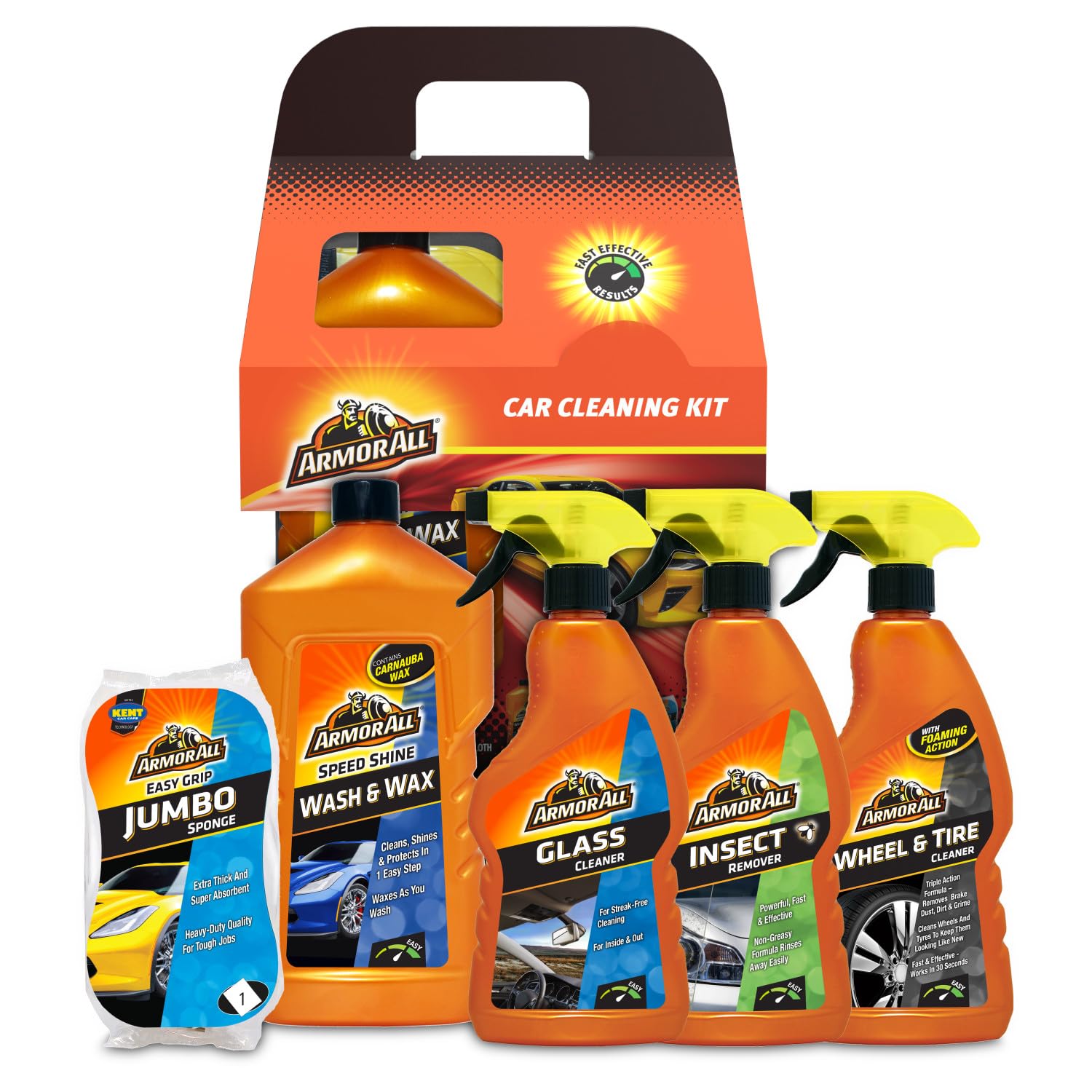– 5-Piece Car Cleaning Kit, For Exterior Cleaning, Includes Glass Cleaner, Wash & Wax, Jumbo Sponge, Wheel & Tire Cleaner and Insect Remover, Car Gift Set,Ideal for Car & Motorcycle Detailing