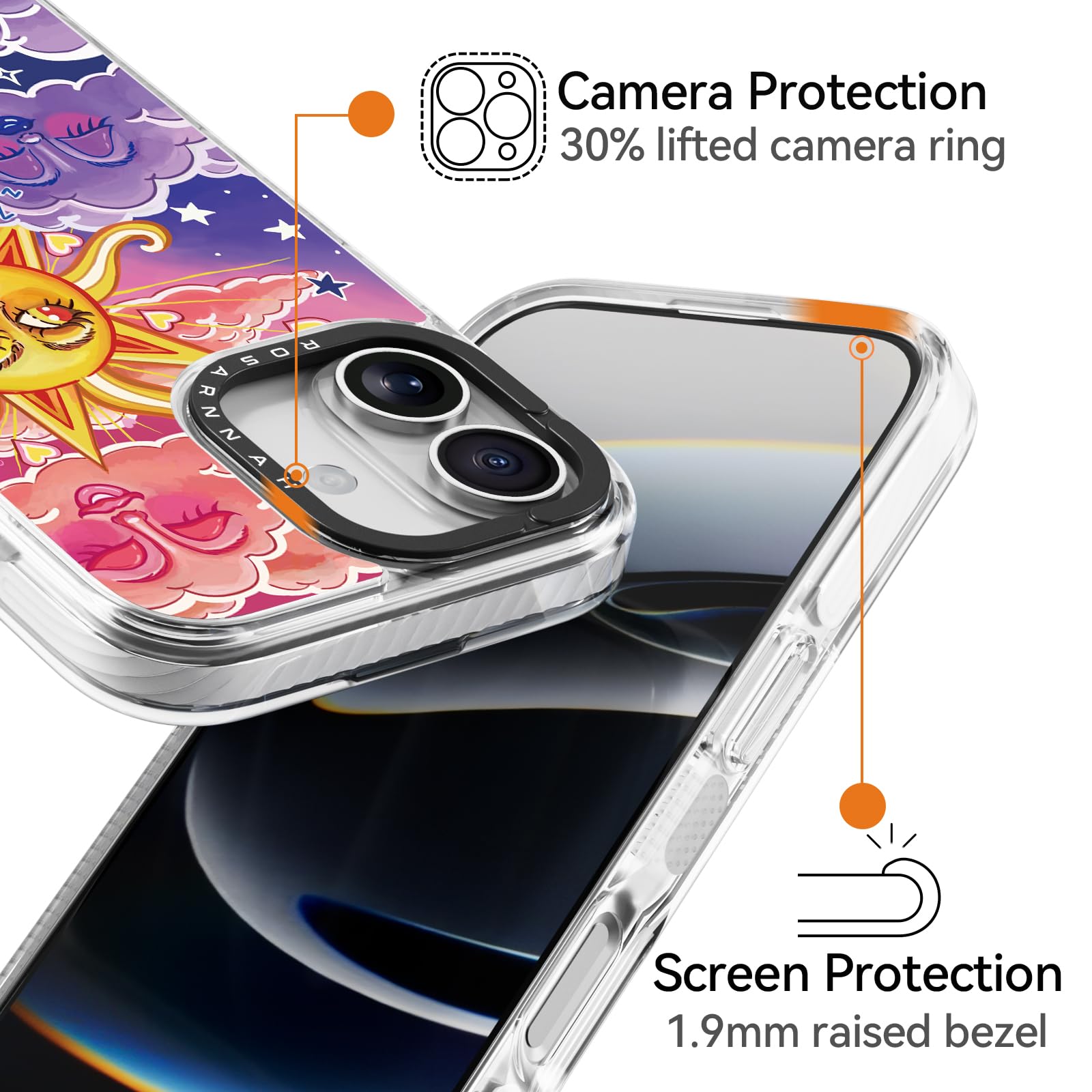 Rosarnnah Funda compatible con iPhone – Funda duradera a prueba de golpes de impacto de caída de 6.5 pies – Divertido diseño de día y noche para iPhone (6.1 pulgadas), transparente