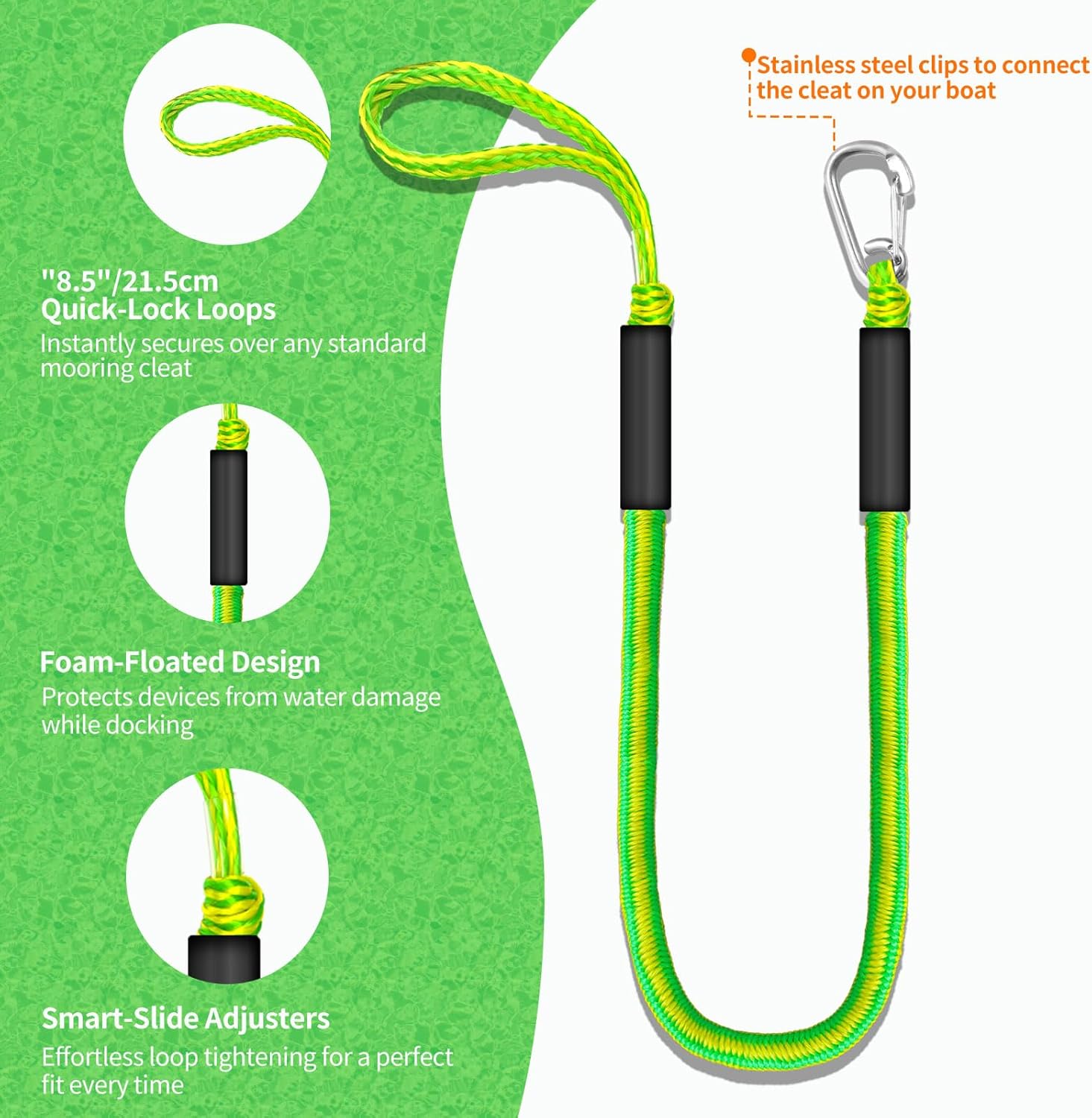 Bungee Dock Lines for Boats & Jet Skis – 6ft Heavy-Duty Elastic Mooring Rope with Single Hook – Stretches to 9ft – Black/Yellow&Black/Green&Yellow 2 Pack (Green & Yellow)