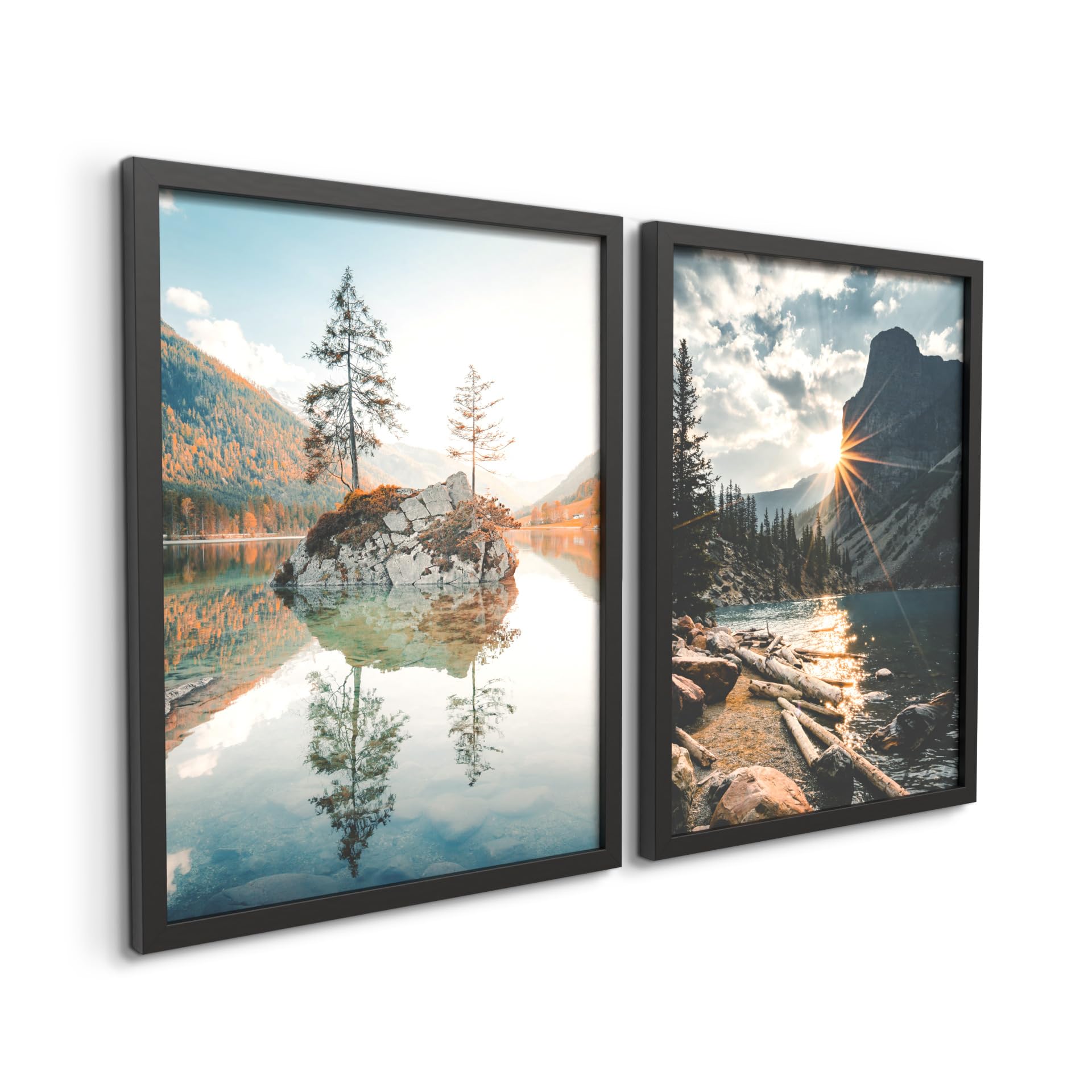 STYLER Lot de 2 images 30 x 40 cm (prêt à suspendre) avec cadre de qualité supérieure - Paysages naturels pour salon et chambre à coucher - Rivière, lac, paysage naturel, montagnes