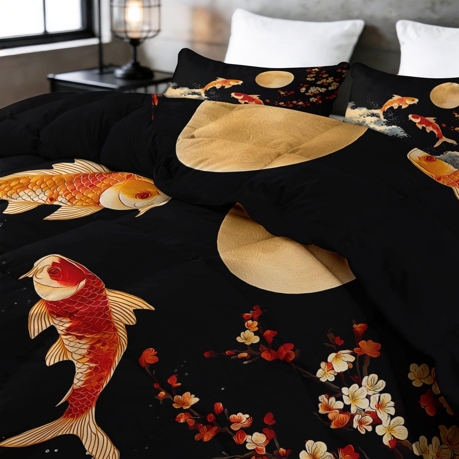 Générique Trapunta 240 x 260 cm reversibile nero, trapunta moderna tradizionale giapponese Carpa Koi stampata 4 stagioni per letto matrimoniale - piumino reversibile Edredon senza fodera leggera calda