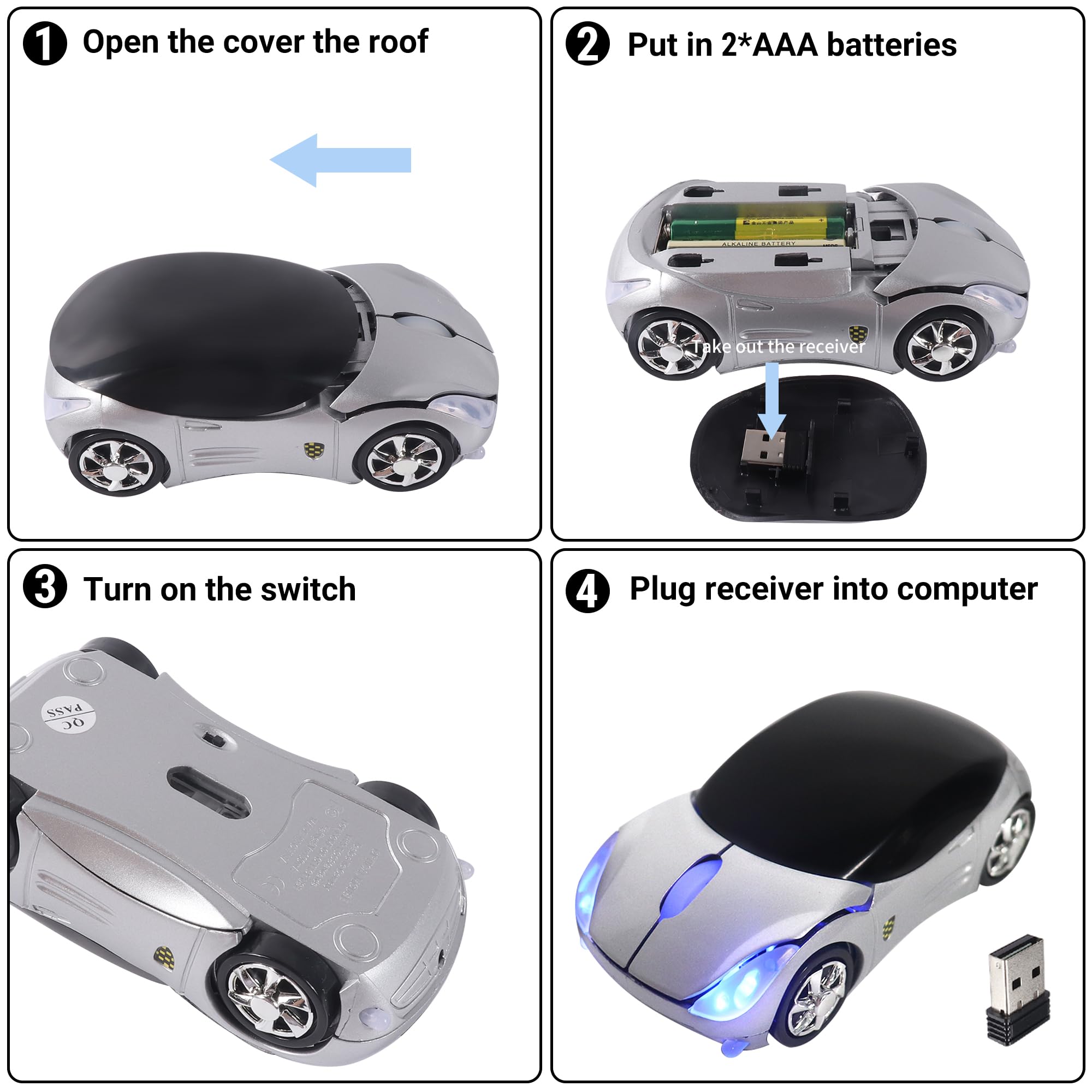 elec Space Ratón inalámbrico, ratón óptico ergonómico en forma de coche deportivo 3D, mini ratón para niños, mouse de computadora para computadora portátil con funda de mouse (plateado)