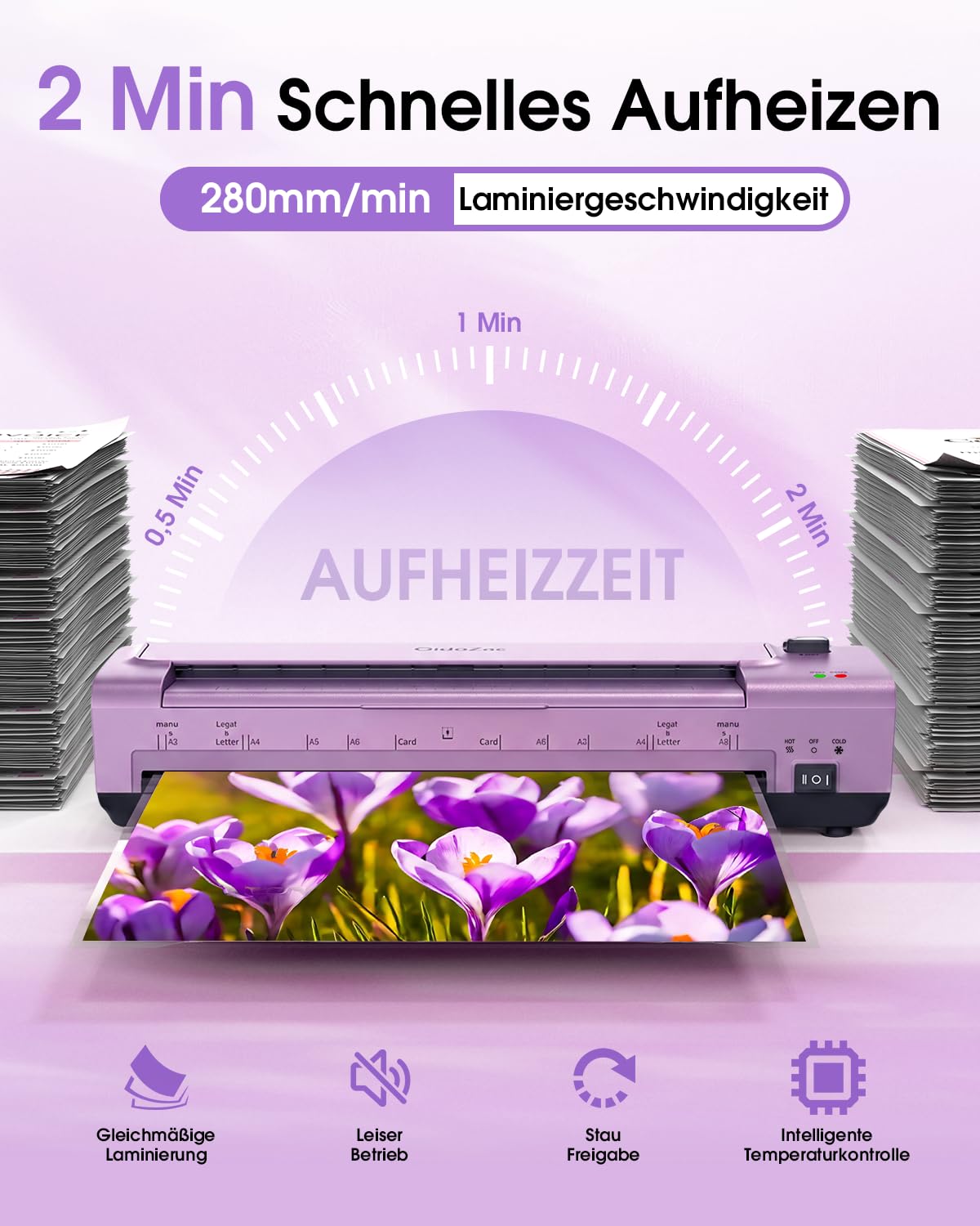 13 Zoll A3/A4 Laminiergerät, 10-in-1 Heiß & Kalt Laminiergerät mit 20 Laminierfolien, 2-Walzen-System für Professionelle Ergebnisse, ABS-Staufreigabe, für Büro, Schule, Geschäft und Zuhause, Violett
