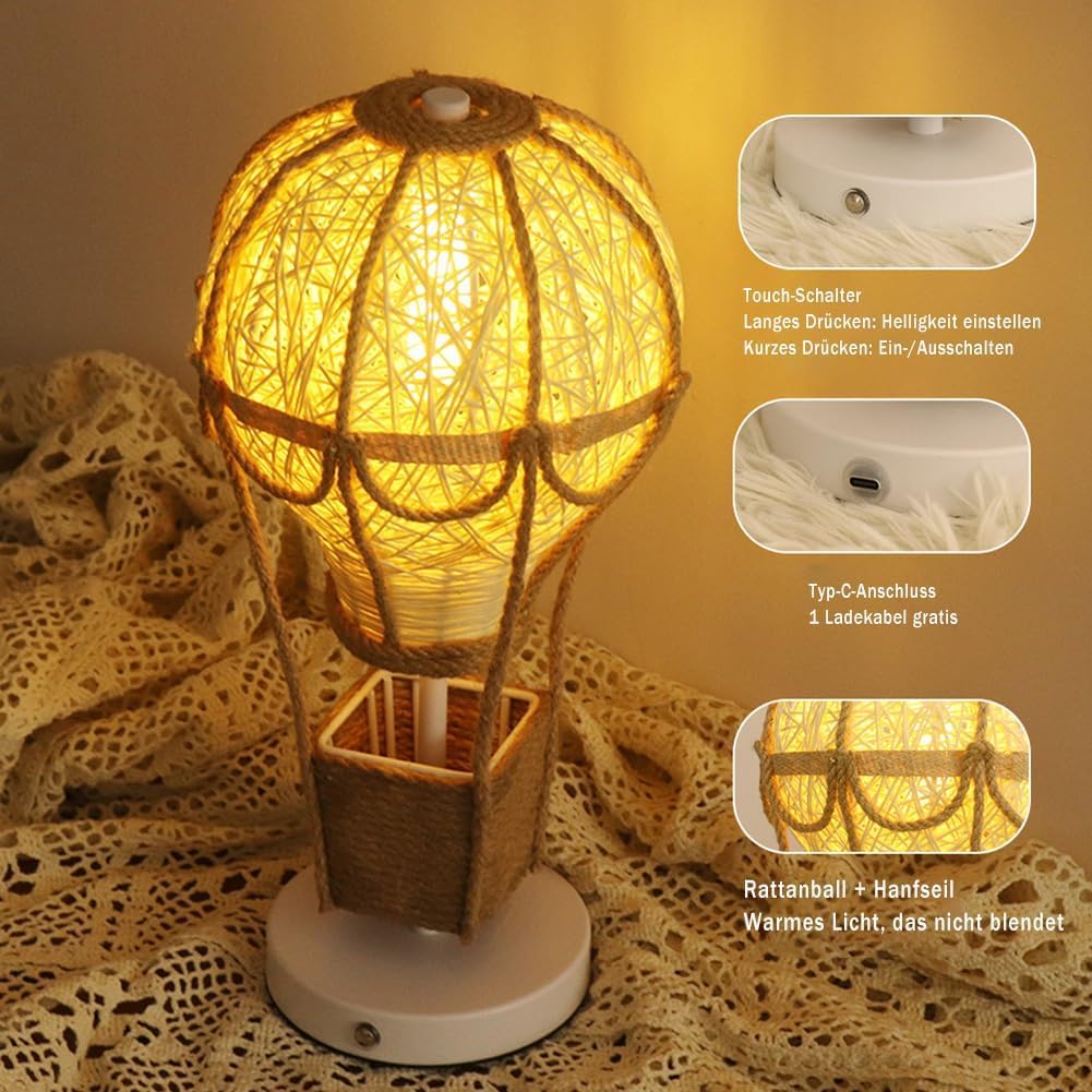 Kinder Nachttischlampe mit Touch Dimmbar, Tischleuchte Boho Kabellos, Kinderzimmer Heißluftballon Lampe Rattan Hanfseil Design Kinder Nachtlicht 3000K Warmes Licht für Schlafzimmer