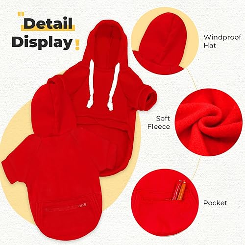 Miniatura 7 de PETCARE Sudadera con capucha para perros pequeños, suéter rojo cálido de forro polar suave con bolsillo, suéteres para cachorros de otoño e