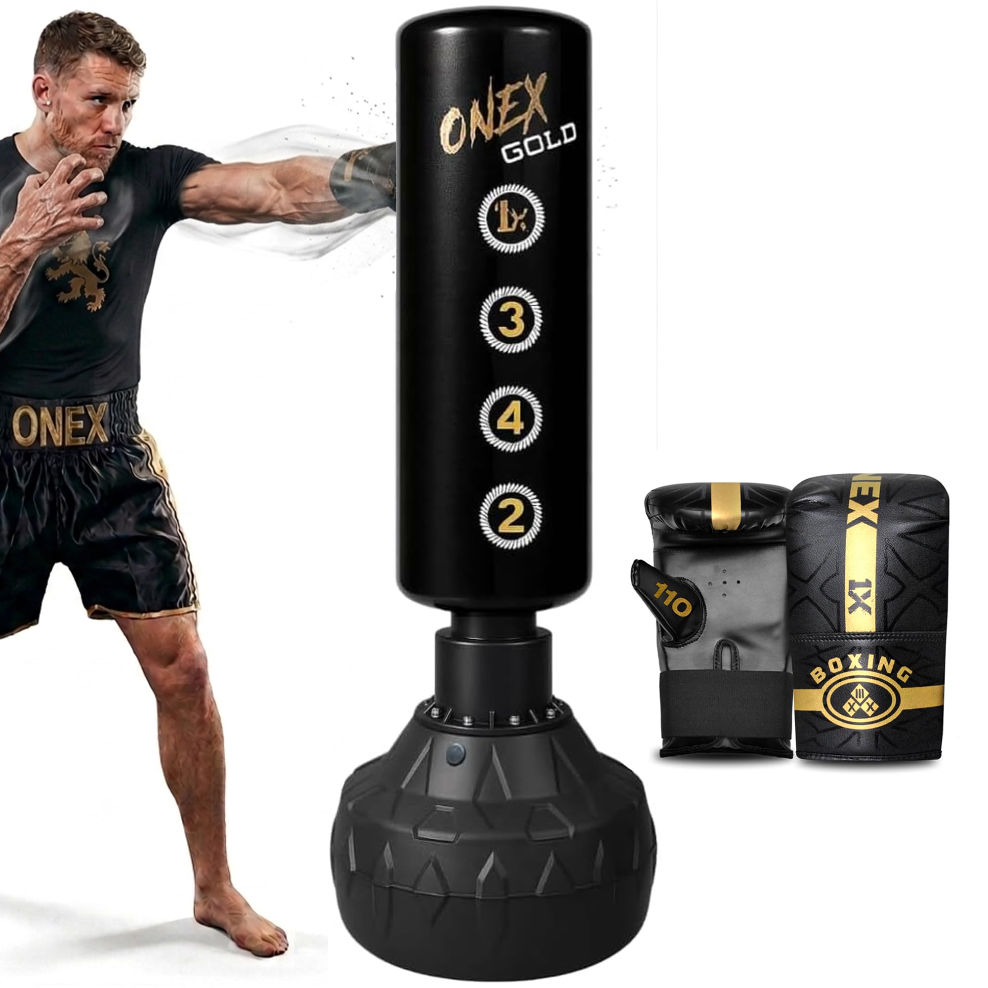 ONEX Punch Bag Free Standing Adult With Gloves - 5ft filled Heavy Duty Pedestal Stand Boxing Bag for Kickboxing MMA Martial Arts karate Gym & Home Fitness Workout
