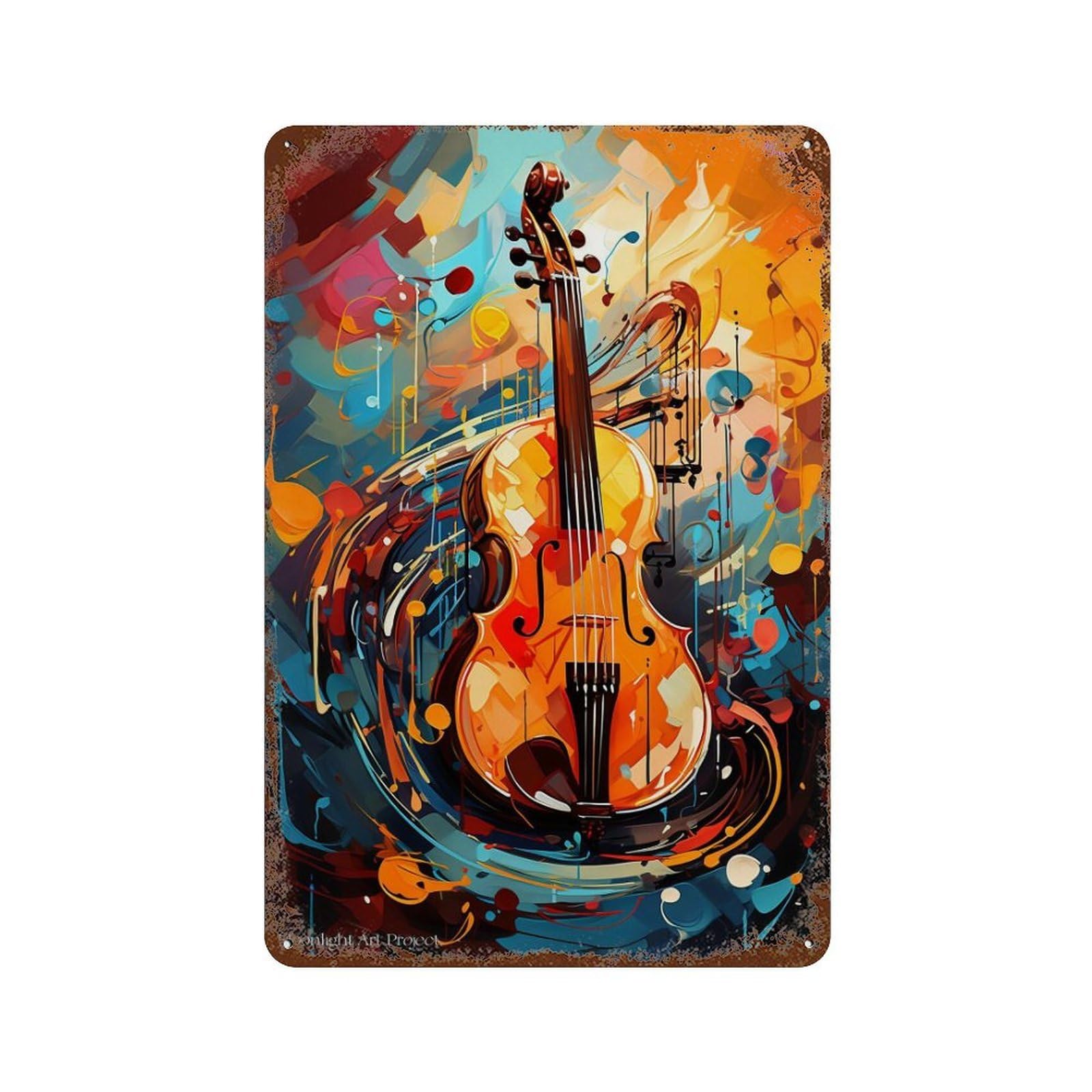 Colorful Violin Painting Vintage Metal Tin Sign 11.8"x7.9", Ideal for Basement, Hobby Room And Garage Decor