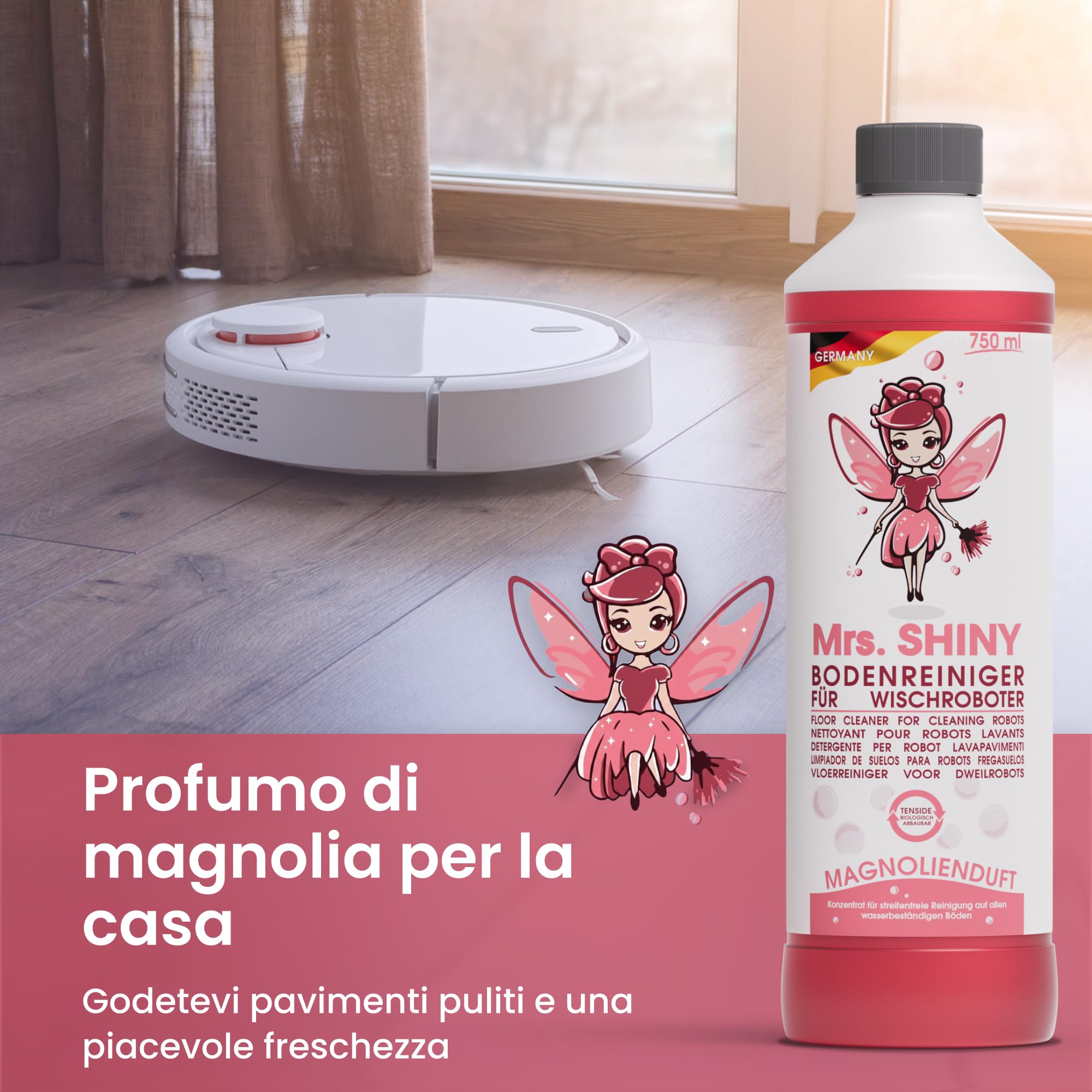 Mrs. SHINY - Detersivo per lavapavimenti con fragranza di magnolia - Pulizia senza striature e asciugatura rapida - Compatibile con vari modelli di lavapavimenti - 750 ml