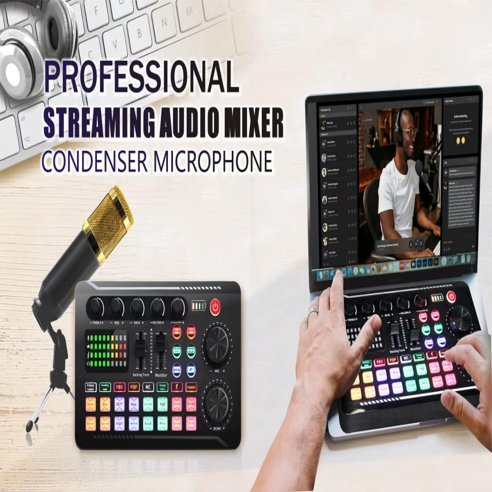 Ensemble de microphone pour podcast, BM-800 Ensemble de microphones à condensateur avec kit de carte son F998 en direct, ensemble d'équipement de podcast avec changeur de voix et fonctions de mixage