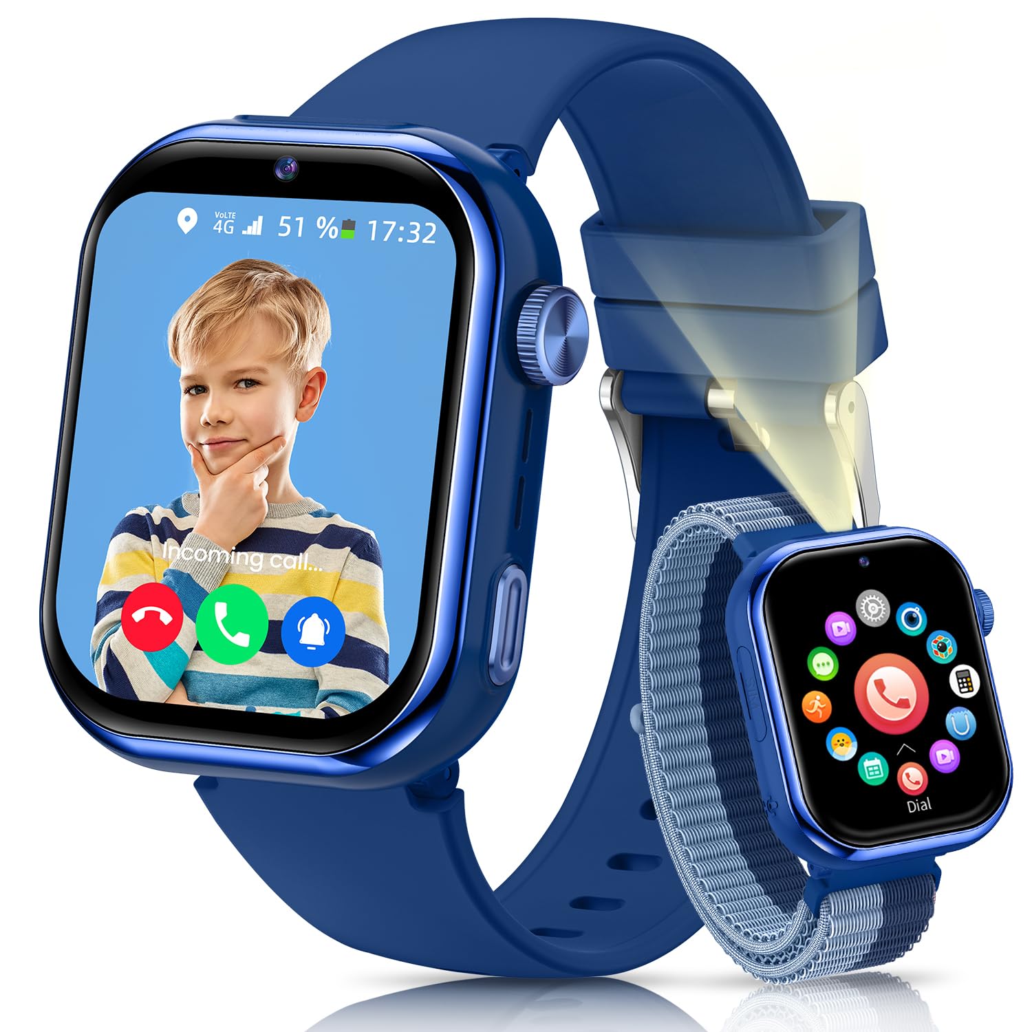 4G Smart Watch for Children, 1.83'' HD Smartwatch Children with GPS and Calls, 800 mAh Battery, Video Calls and Voice Chat, WiFi/LBS/SOS/SMS, School Mode, Pedometer, Alarm Clock (Blue)