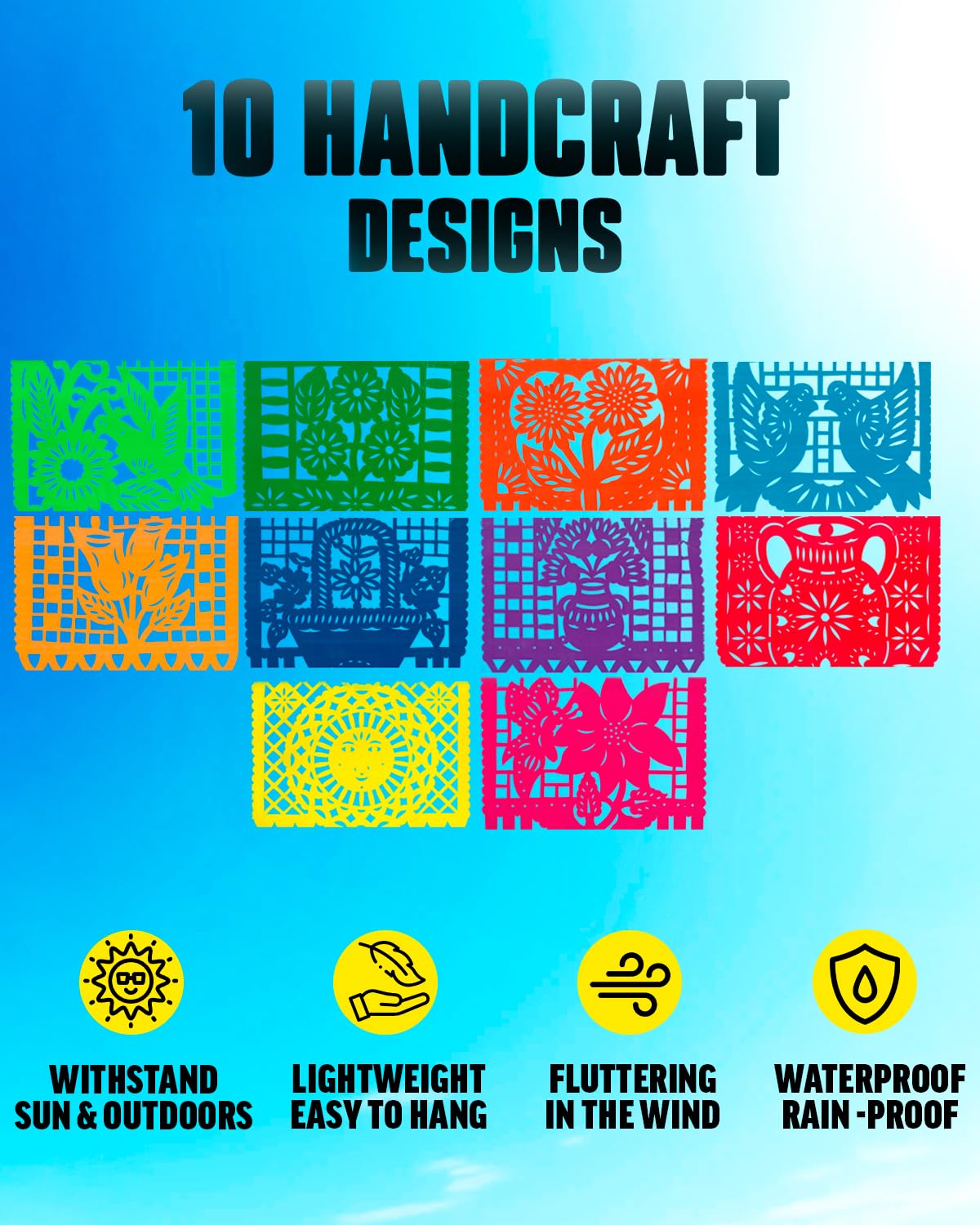 Carteles de fiesta mexicana de 180 pies (paquete de 10 con 10 banderas de plástico por pancarta) – Papel Picado Mexicano para Fiesta – Papel Picado de plástico – Decoraciones de fiesta temática de