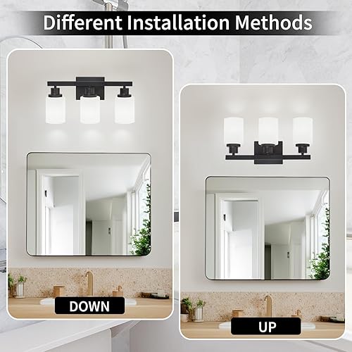 Miniatura 5 de Lámparas de baño de 3 luces sobre el espejo, modernas luces de tocador negras mate con pantalla de vidrio esmerilado blanco, apliques de pared de