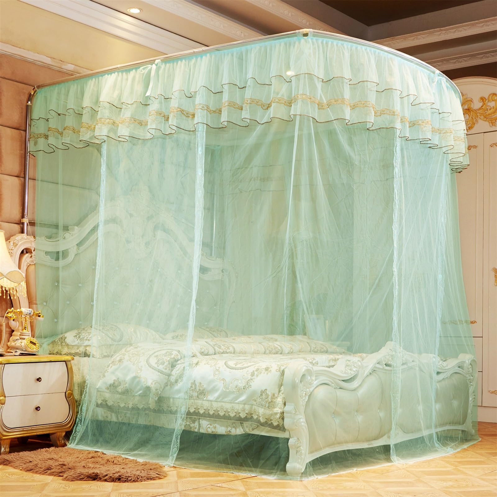 SARKEY U-Shaped Rail Bed Canopy Curtain,Three-Opening Lace Princess Canopys(GR,150x200x200cm(59"x79"x79"))