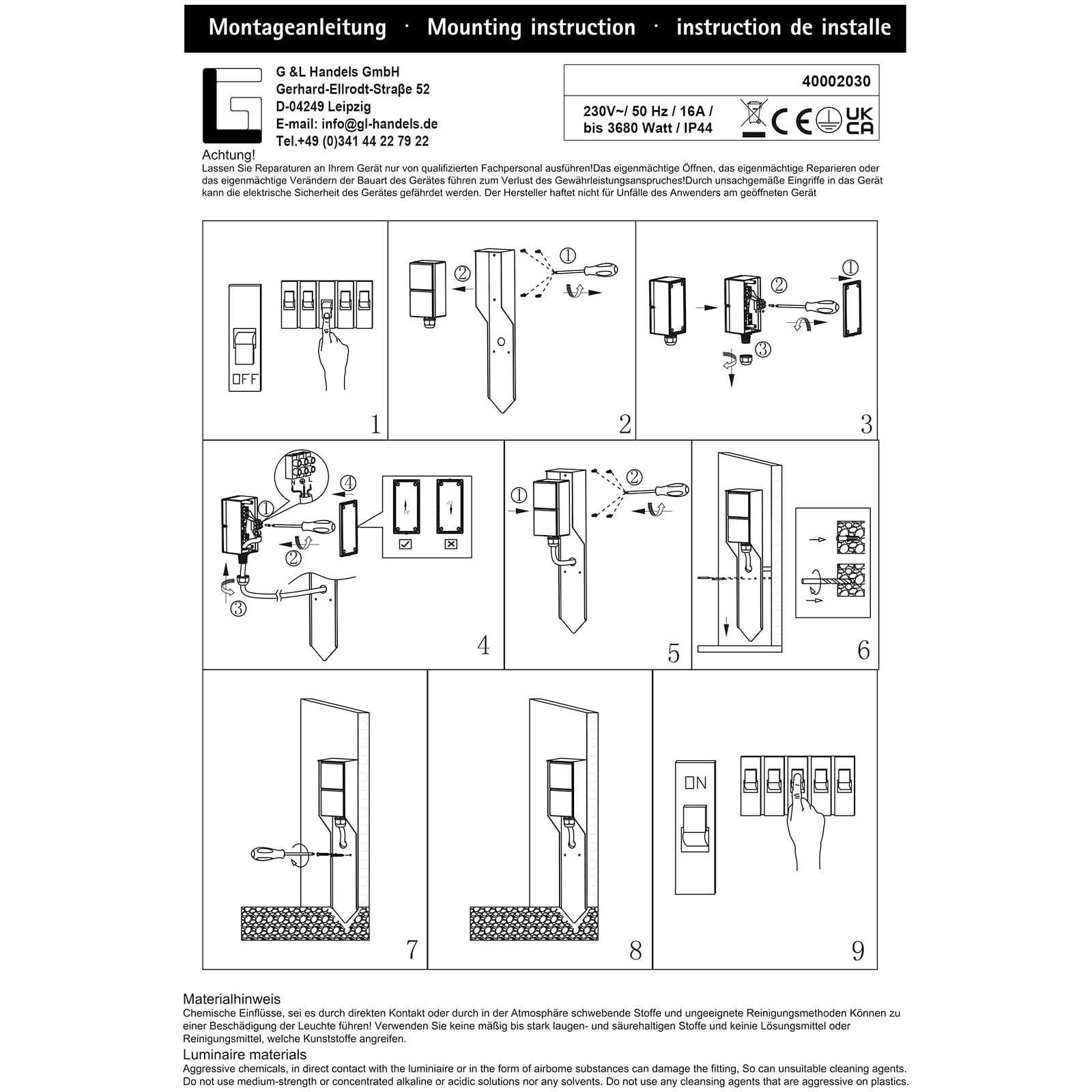 Presa elettrica da giardino, presa esterna con picchetto per esterni, 2 ingressi, in acciaio inox, IP44, antracite