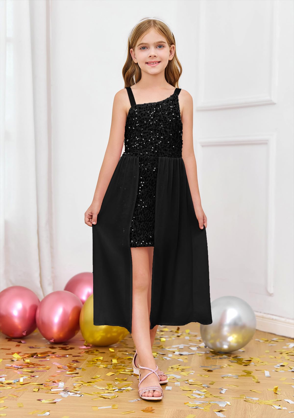 Haloumoning Vestito da bambina con paillettes, formale, scintillante, monospalla, per feste di fine anno, 4-14 anni
