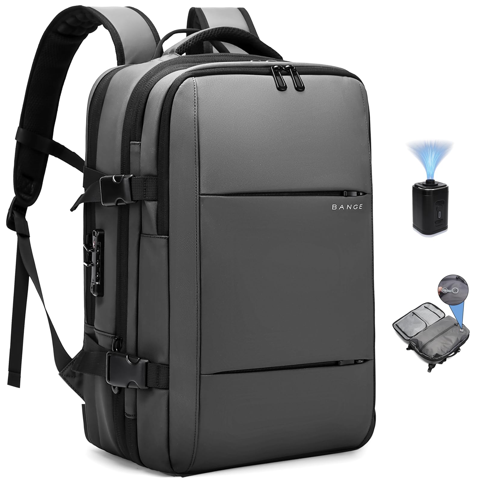 BANGE Airback Backpack,60L Expandable Travel Backpack Vacuum Compression with Air Pump, Waterproof and Anti-Theft Laptop Backpack for Hiking, Business and Travel