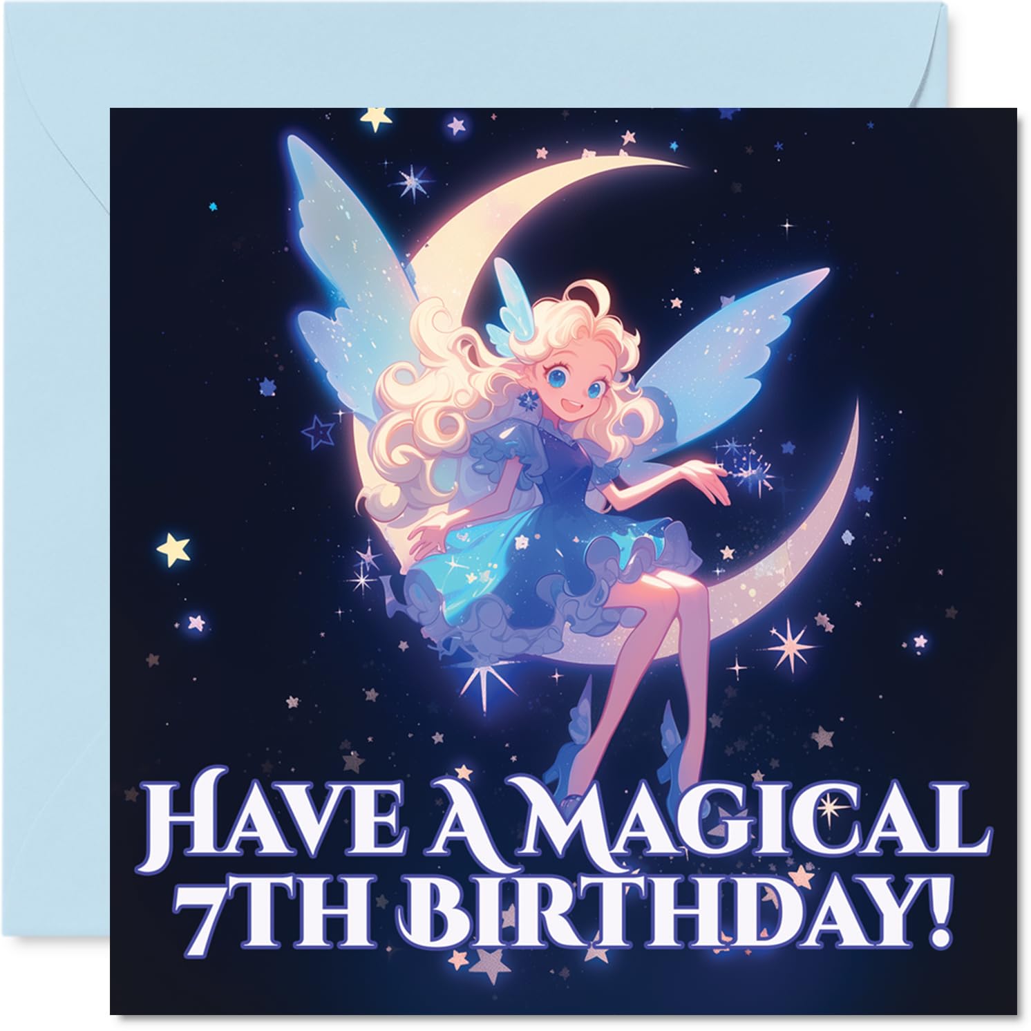 Cute Birthday Card - Sprinkle Some Birthday Magic - Whimsical Fairy on Crescent Moon with Twinkling Stars - A Dreamy Touch for Their Big Day - 145mm Square, Envelope Included