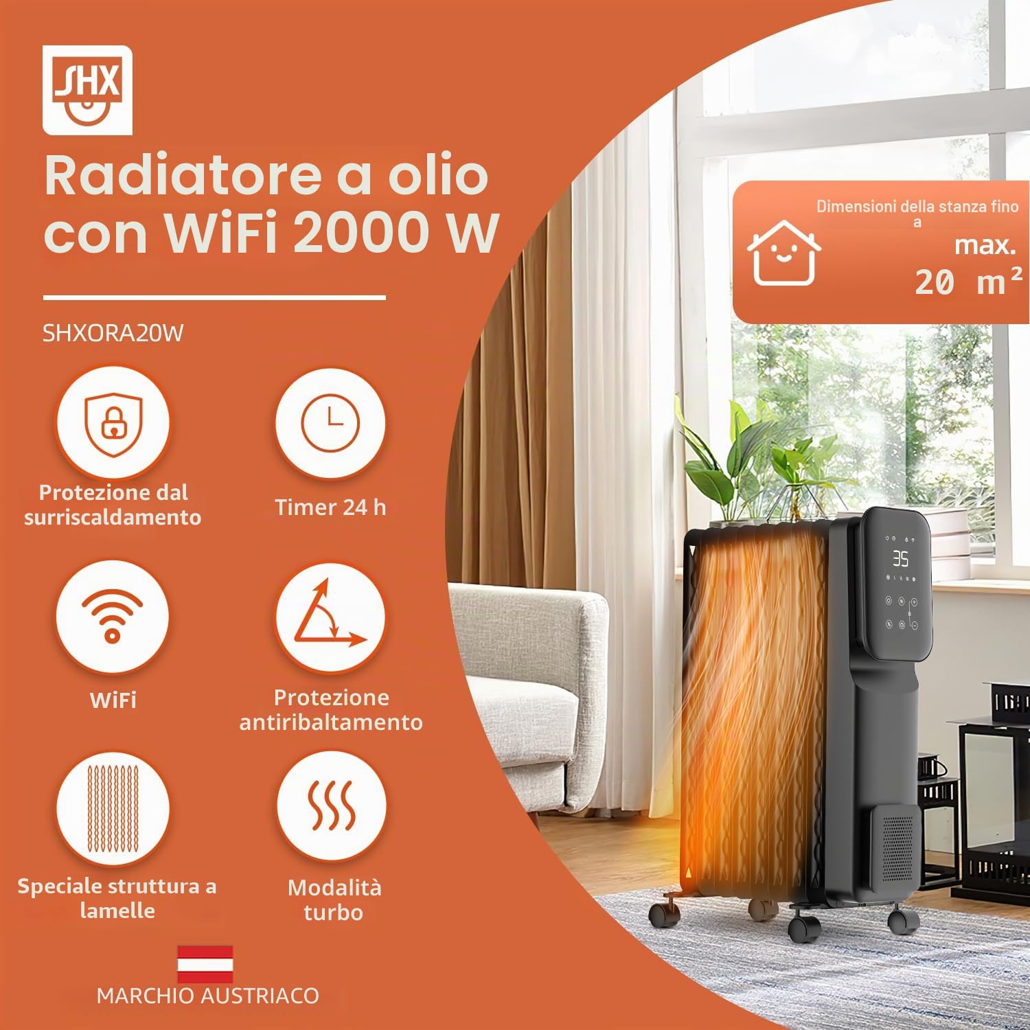 SHX Radiatore ad olio 2000 Watt con WiFi, 3 livelli di riscaldamento, timer 24 ore, termostato elettronico, funzione boost, riscalda fino a 40 mq di superficie