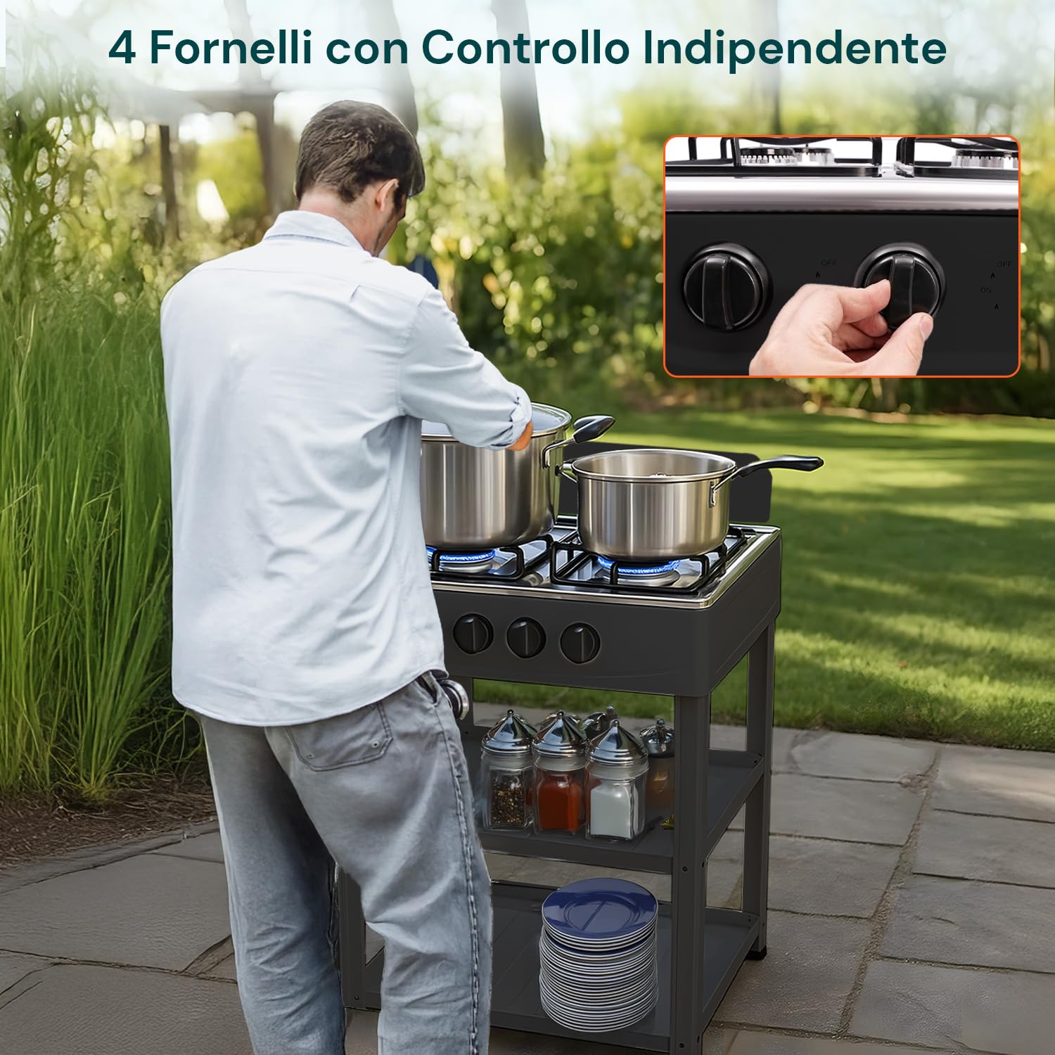 Placa de cocción de 4 fuegos de gas para exterior con estructura resistente de metal, estantes laterales de acero, conexión bombona GLP, ideal para camping y barbacoas, color negro