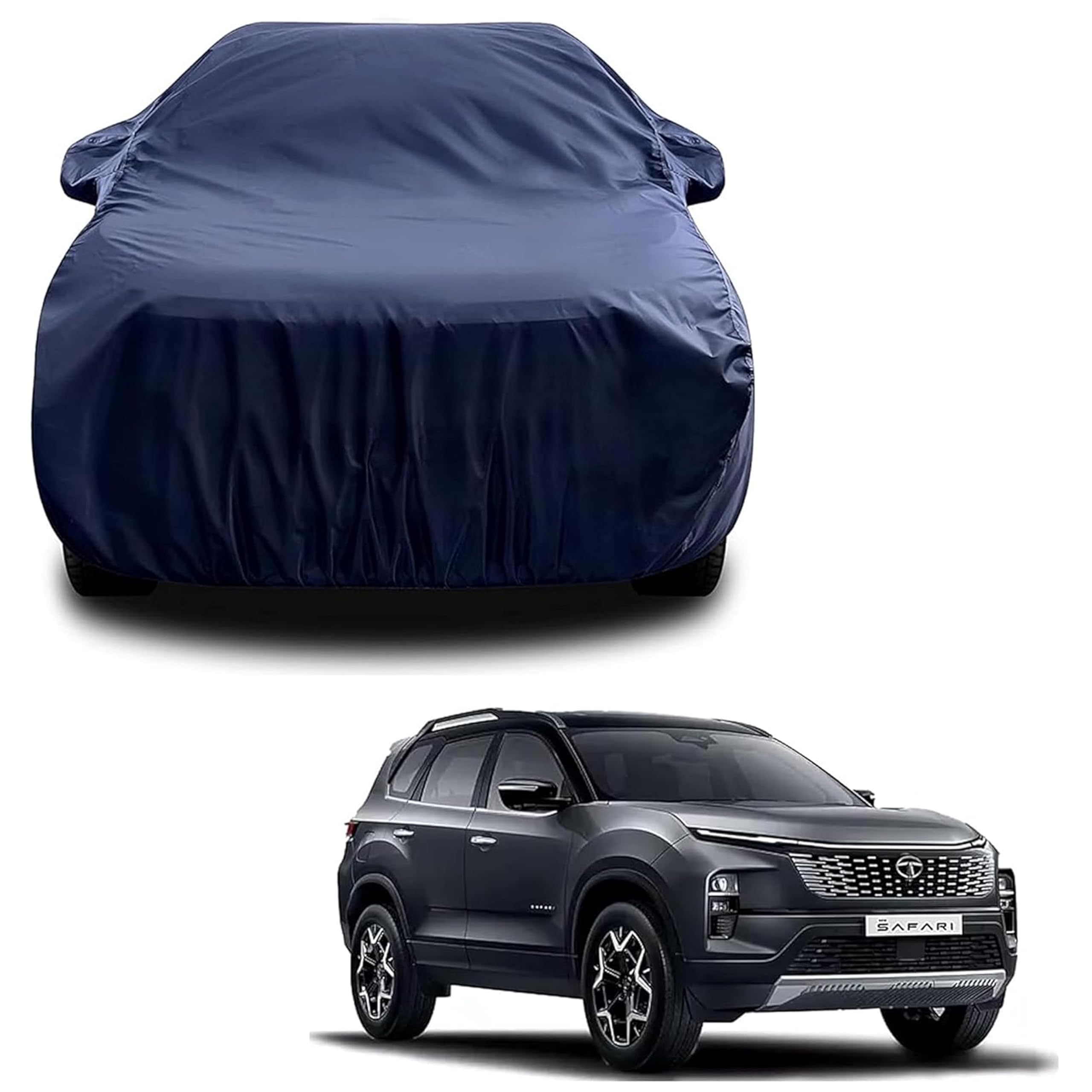 Sulfar 100% Water Resistant Car Body Cover Compatible with Mirror for Tata Safari (Triple Stitched, Full Bottom Elastic, Navy Blue)
