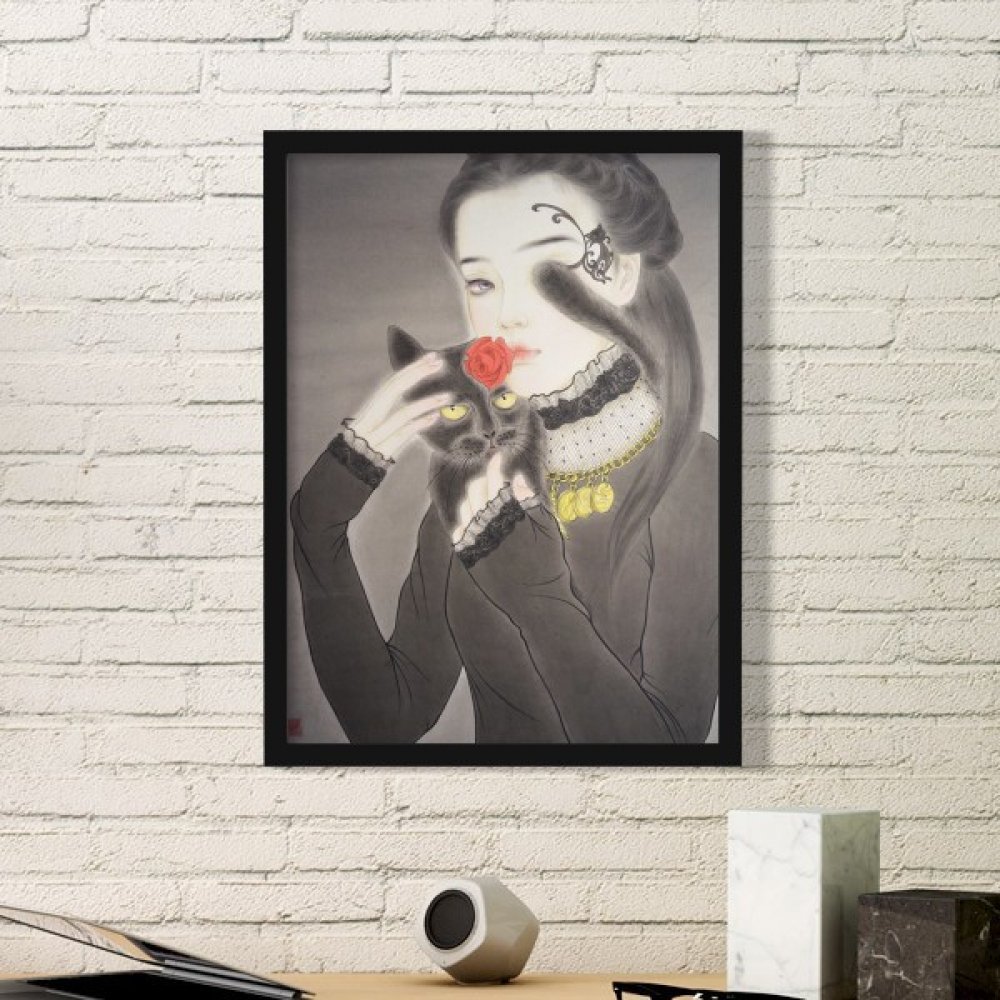 Cadre photo chat style chinois noir pour decoration de salon chaleureux