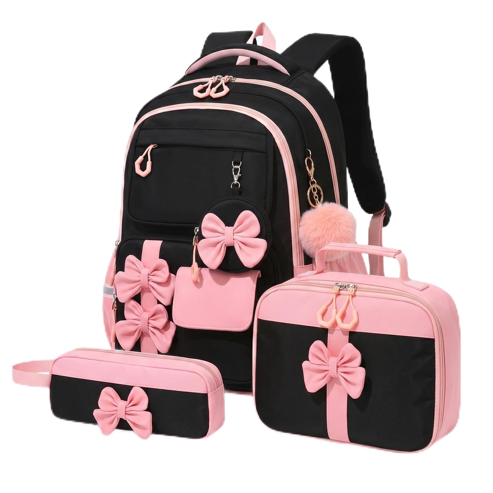 Amythe 3-teilige Schulrucksack Set Mädchen 3.-7. Klasse, 24L Schwarz-Rosa