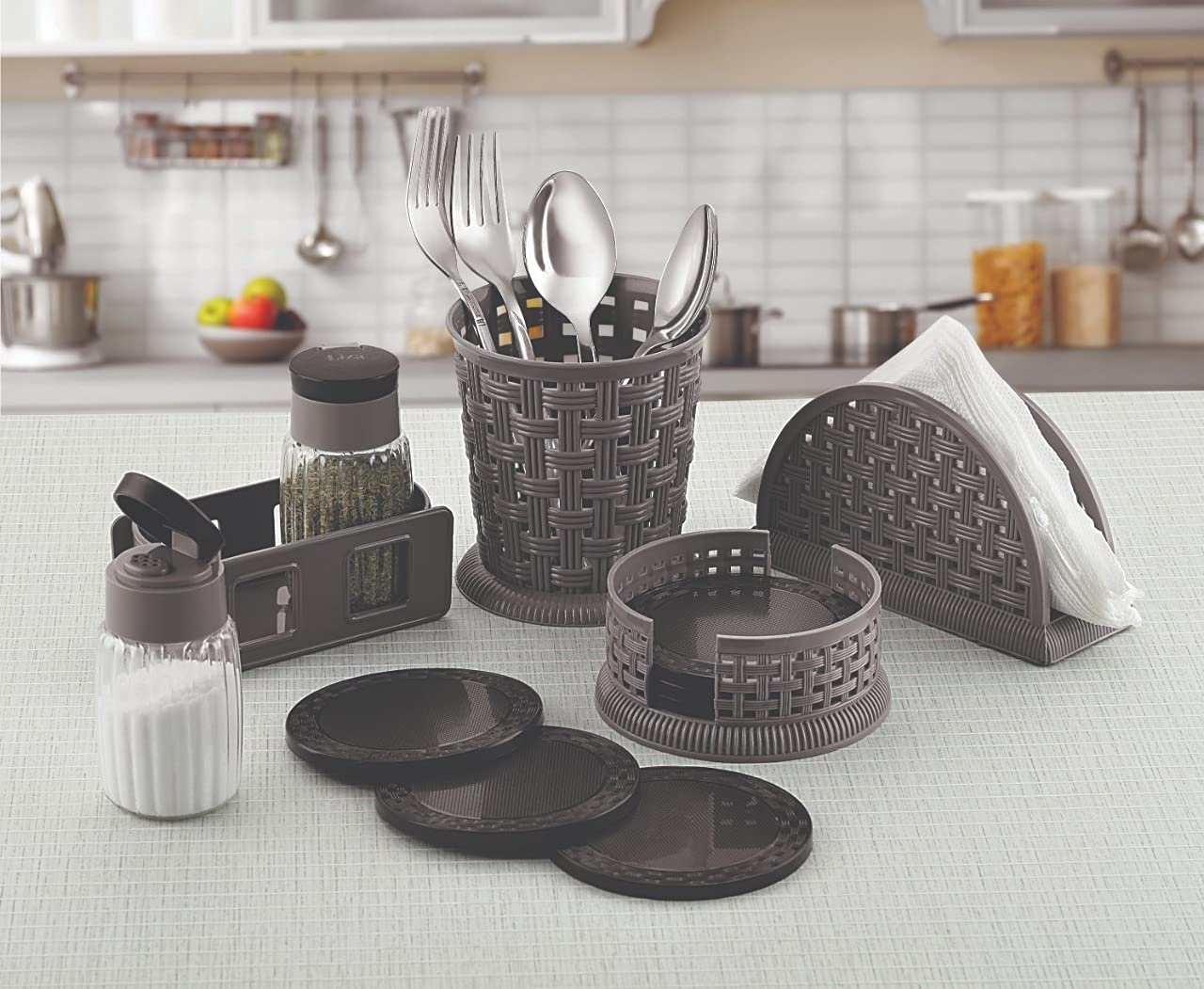 Tedemel4 in one Set of Salt Pepper, Tea Coaster, Tissue Holder with Tissue, and Cutlery Stand (Classic Look, Food Grade Plastic) (Grey Colour)